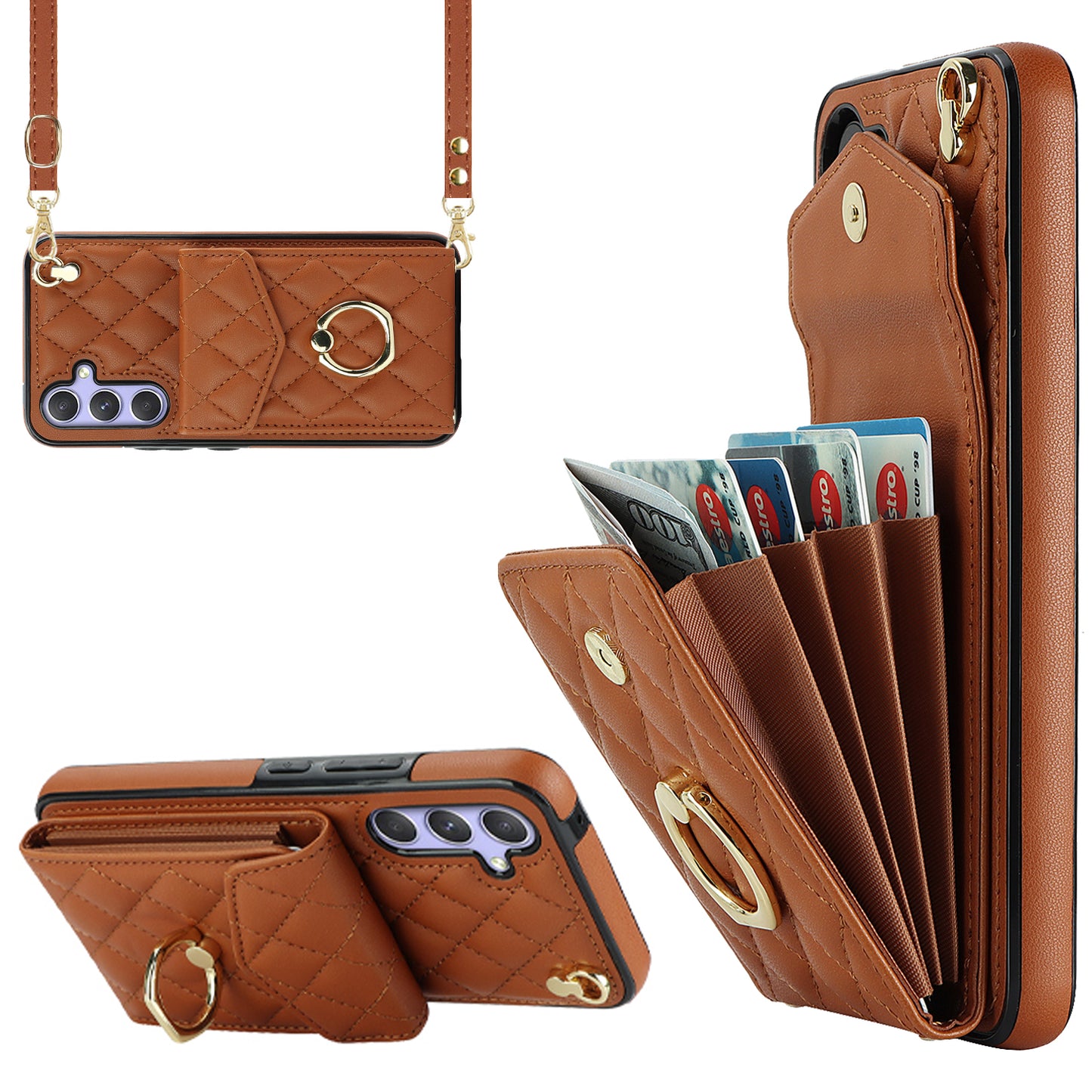 For Samsung Galaxy S24 Case Card Bag Leather+TPU Crossbody Cover with Ring Kickstand - Brown