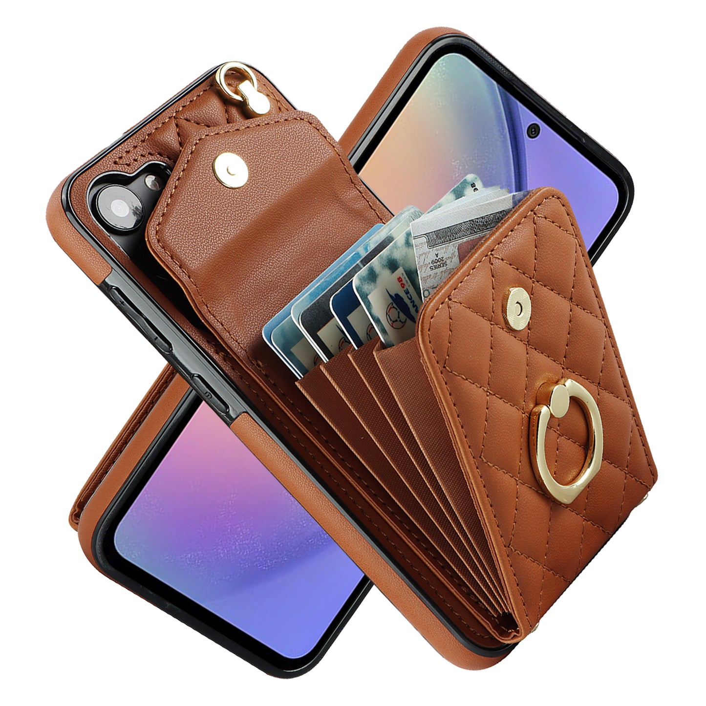 For Samsung Galaxy S24 Case Card Bag Leather+TPU Crossbody Cover with Ring Kickstand - Brown