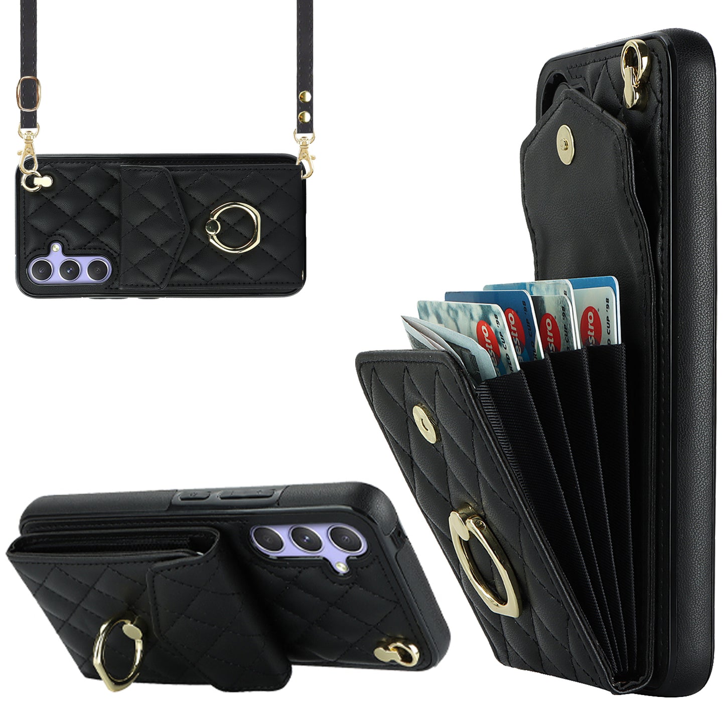 For Samsung Galaxy S24 Case Card Bag Leather+TPU Crossbody Cover with Ring Kickstand - Black