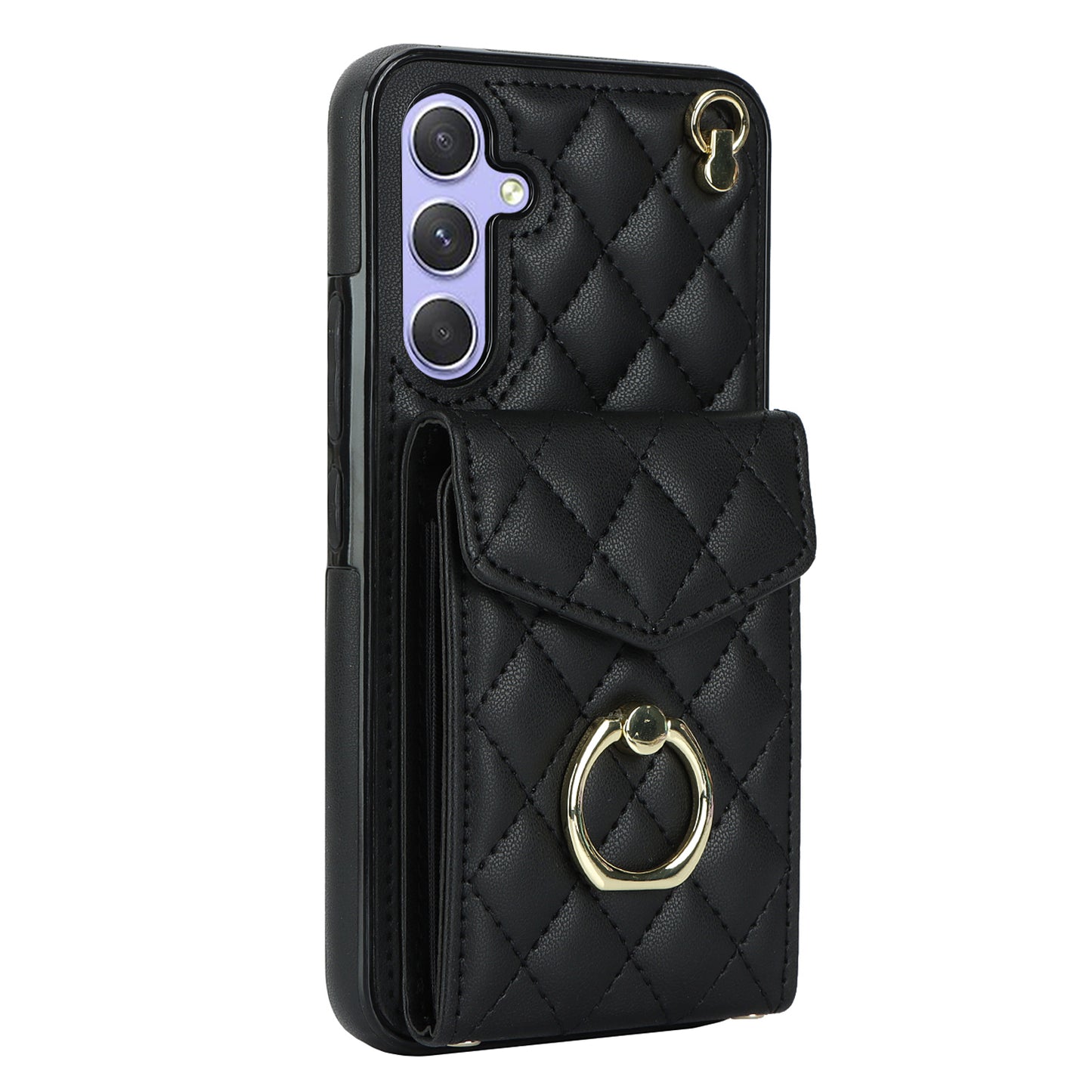 For Samsung Galaxy S24 Case Card Bag Leather+TPU Crossbody Cover with Ring Kickstand - Black