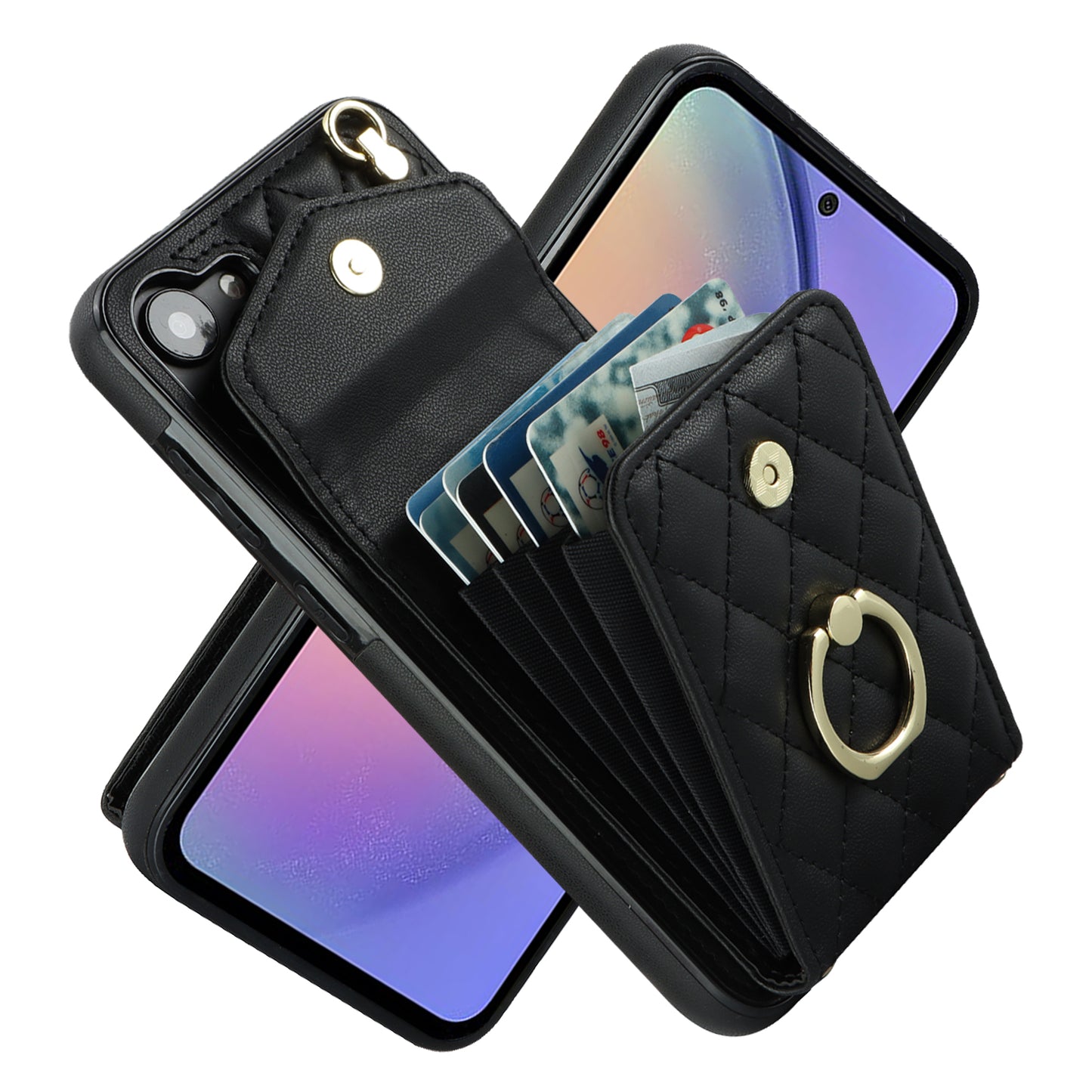 For Samsung Galaxy S24 Case Card Bag Leather+TPU Crossbody Cover with Ring Kickstand - Black