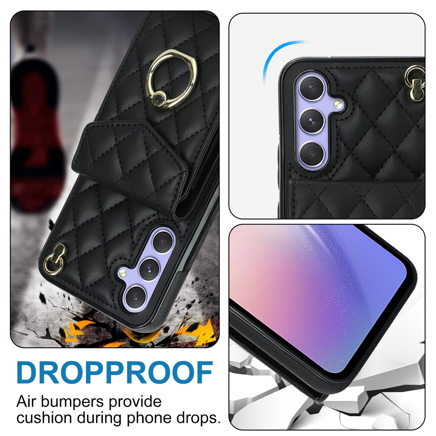 For Samsung Galaxy S24 Case Card Bag Leather+TPU Crossbody Cover with Ring Kickstand - Black