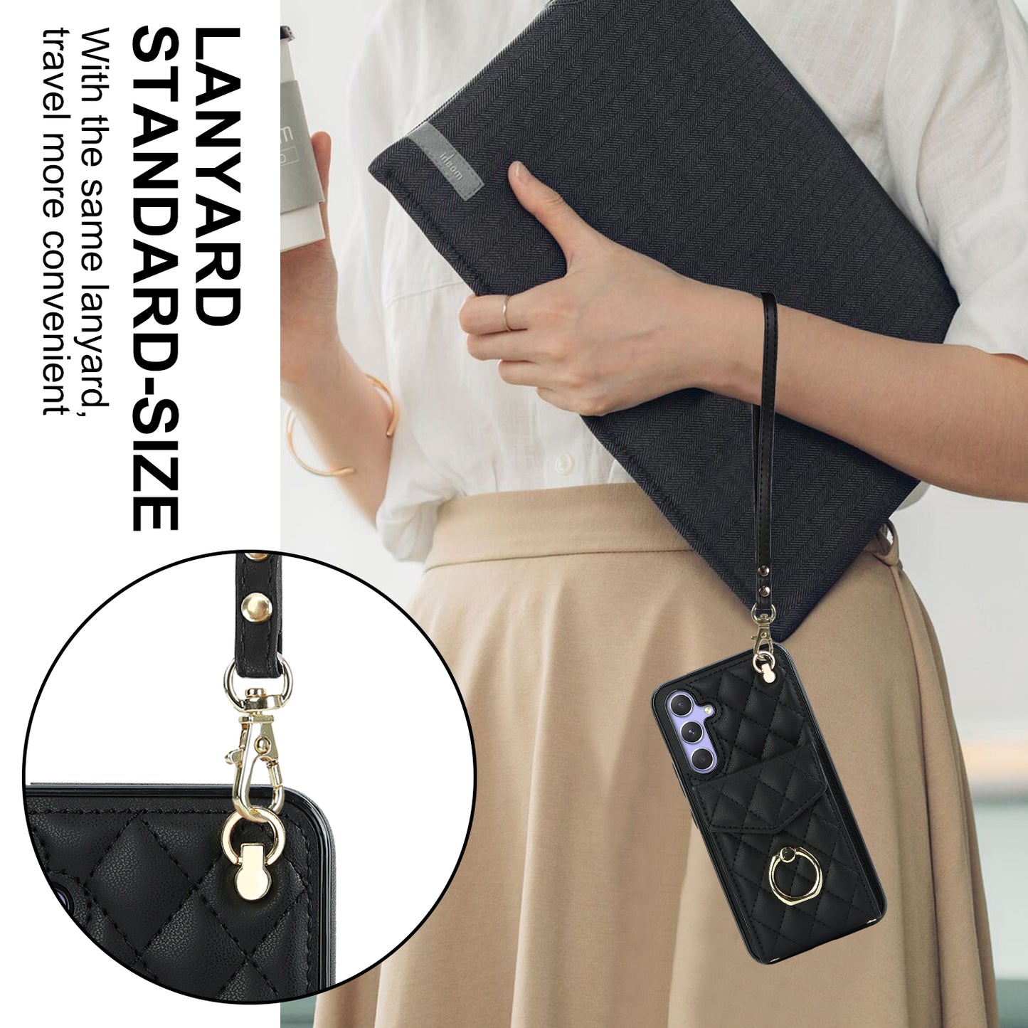 For Samsung Galaxy S24 Case Card Bag Leather+TPU Crossbody Cover with Ring Kickstand - Black