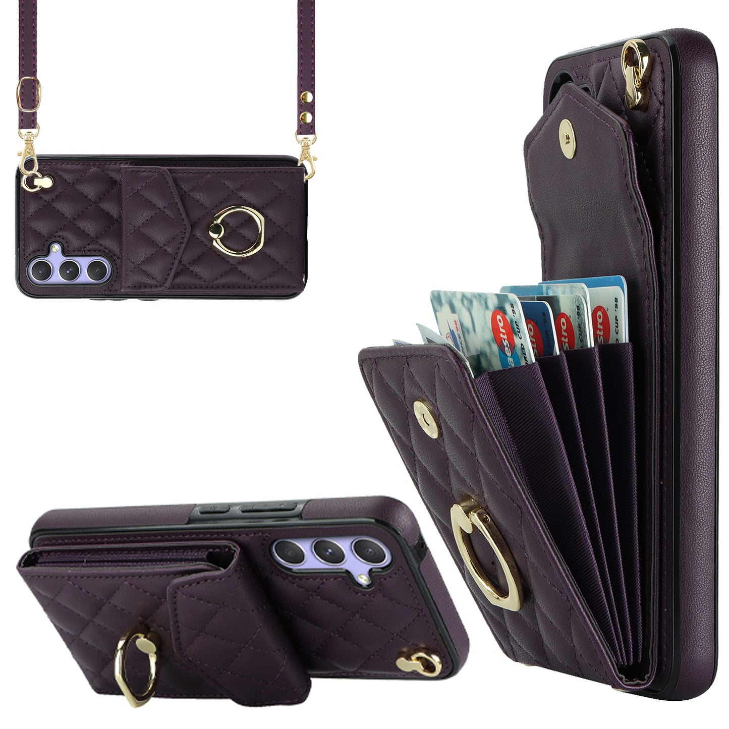 For Samsung Galaxy S24 Case Card Bag Leather+TPU Crossbody Cover with Ring Kickstand - Dark Purple
