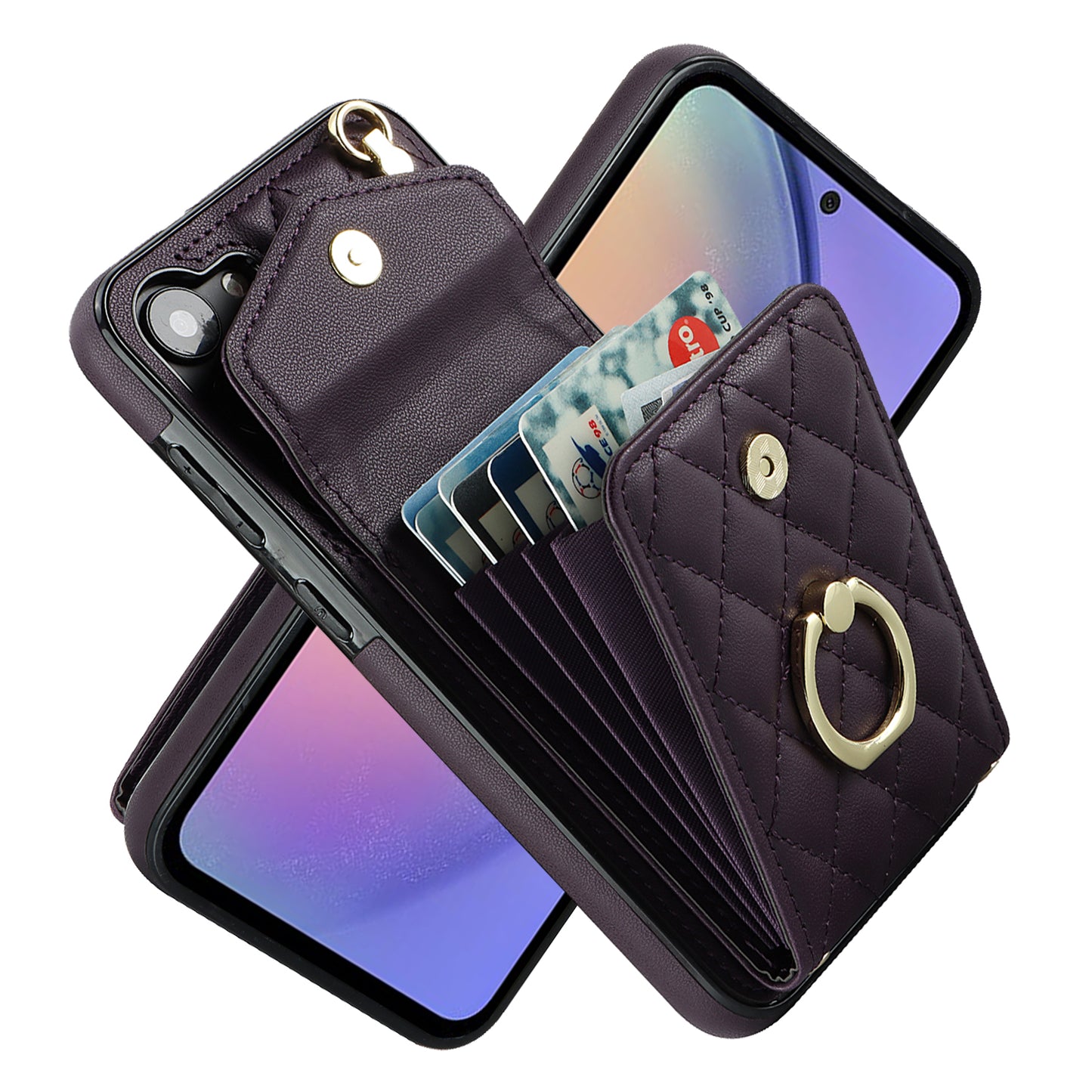 For Samsung Galaxy S24 Case Card Bag Leather+TPU Crossbody Cover with Ring Kickstand - Dark Purple