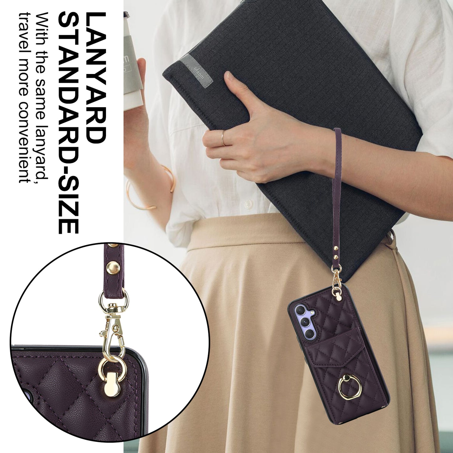 For Samsung Galaxy S24 Case Card Bag Leather+TPU Crossbody Cover with Ring Kickstand - Dark Purple