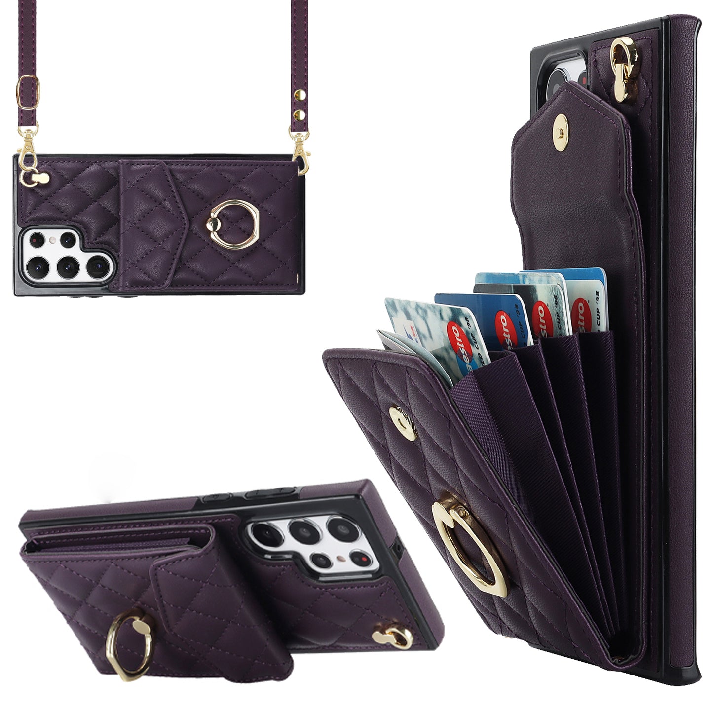 For Samsung Galaxy S24 Ultra Case Ring Kickstand Card Holder Leather+TPU Cover with 2 Straps - Dark Purple
