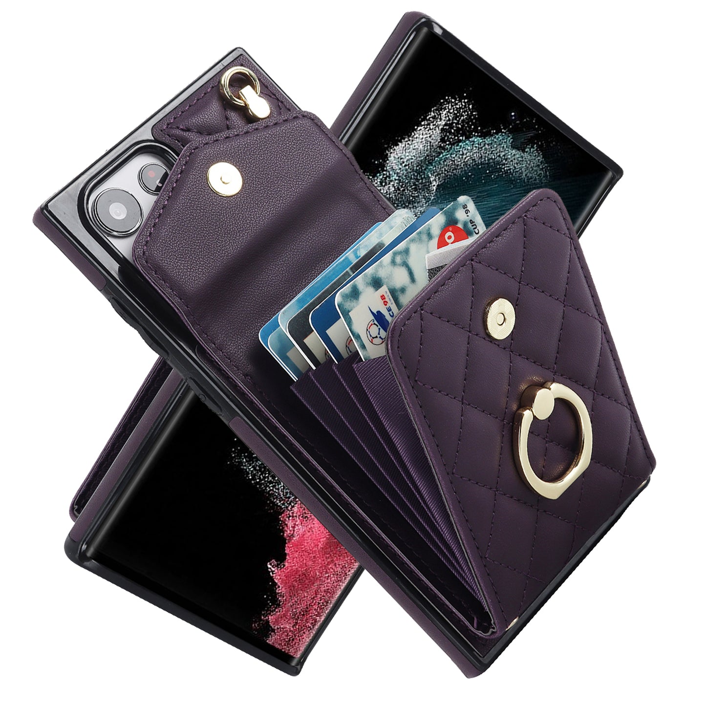 For Samsung Galaxy S24 Ultra Case Ring Kickstand Card Holder Leather+TPU Cover with 2 Straps - Dark Purple