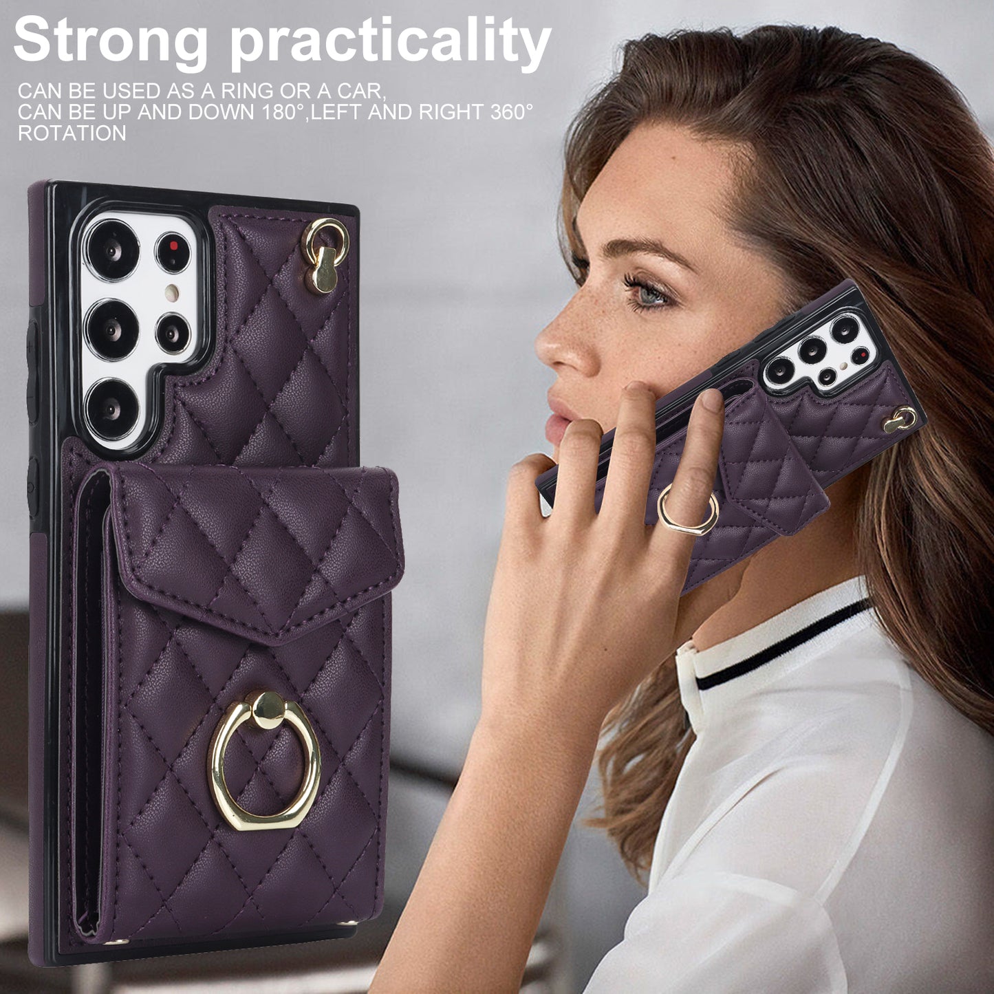 For Samsung Galaxy S24 Ultra Case Ring Kickstand Card Holder Leather+TPU Cover with 2 Straps - Dark Purple
