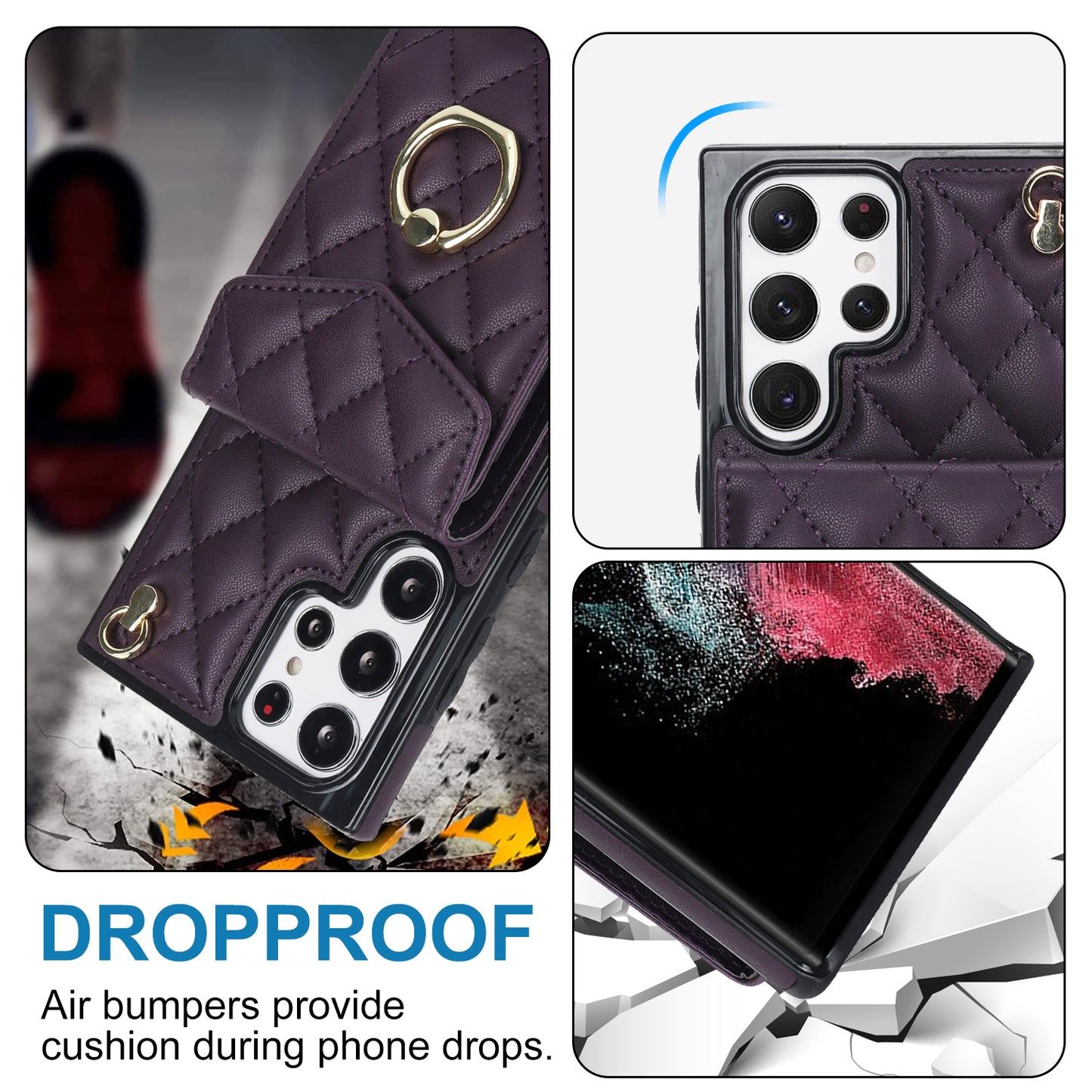 For Samsung Galaxy S24 Ultra Case Ring Kickstand Card Holder Leather+TPU Cover with 2 Straps - Dark Purple