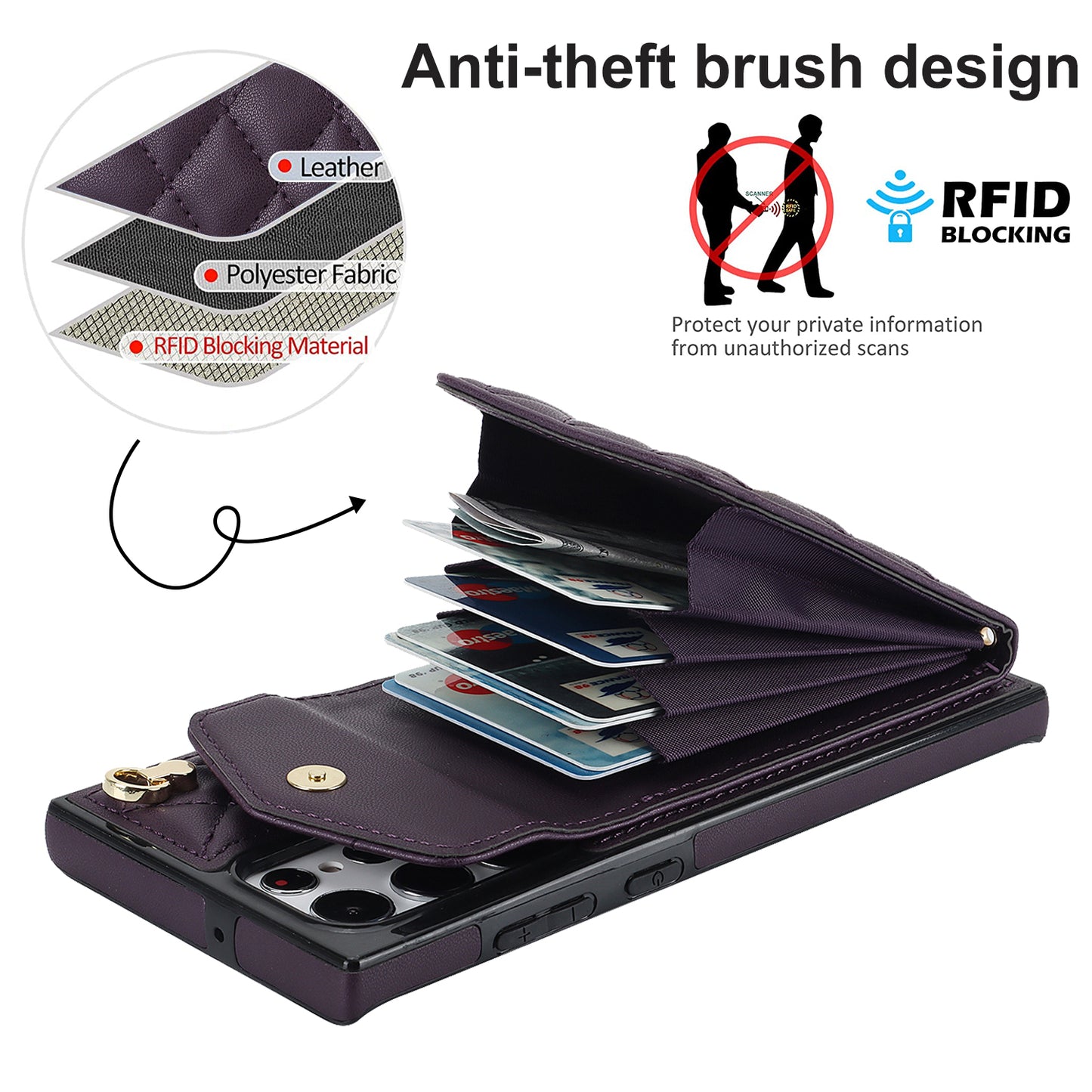 For Samsung Galaxy S24 Ultra Case Ring Kickstand Card Holder Leather+TPU Cover with 2 Straps - Dark Purple