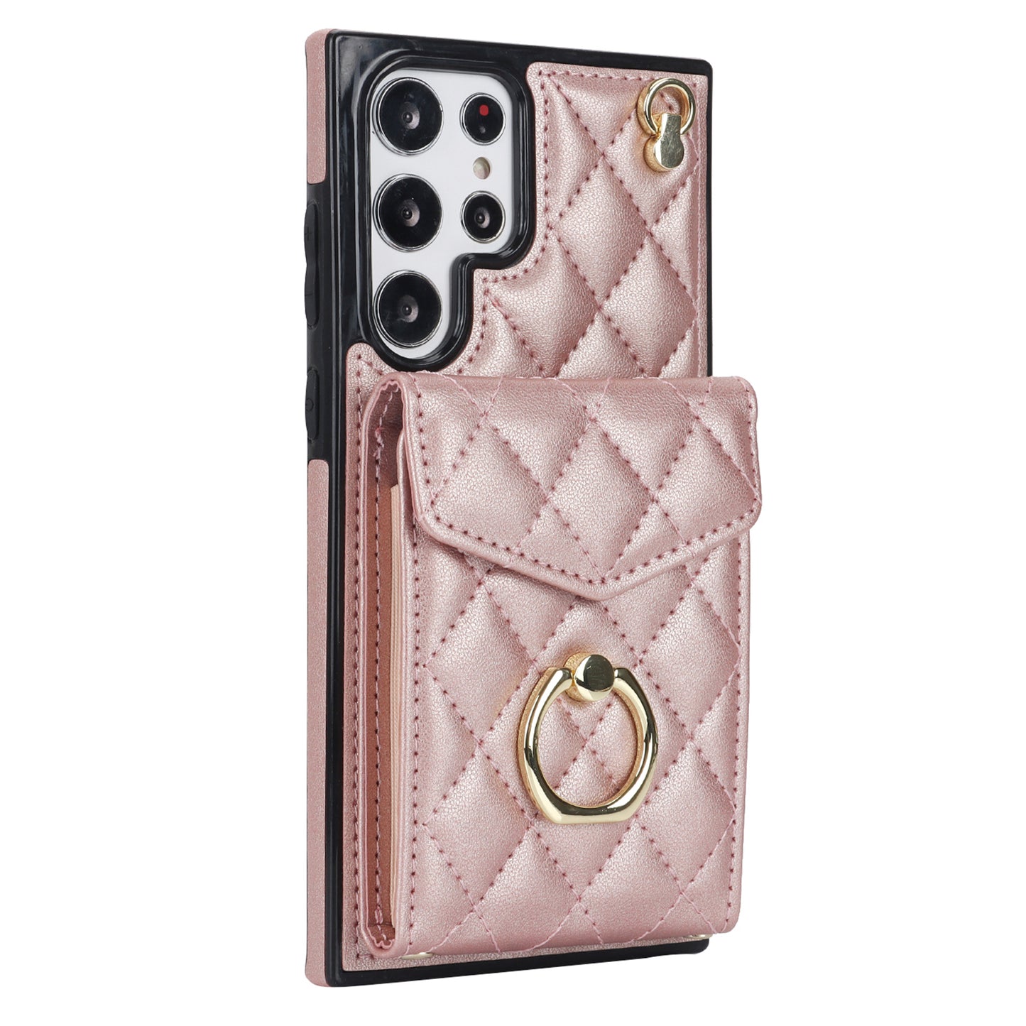For Samsung Galaxy S24 Ultra Case Ring Kickstand Card Holder Leather+TPU Cover with 2 Straps - Rose Gold