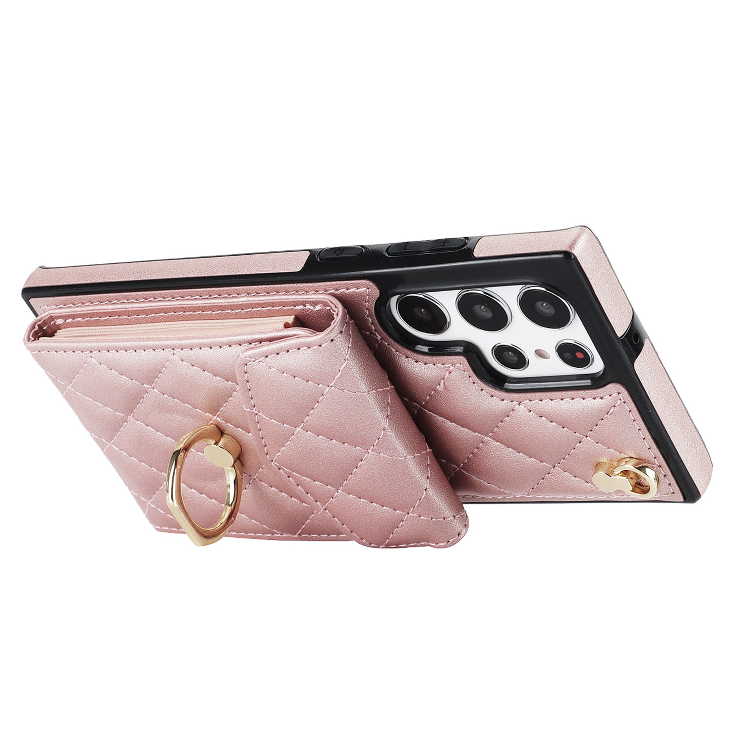 For Samsung Galaxy S24 Ultra Case Ring Kickstand Card Holder Leather+TPU Cover with 2 Straps - Rose Gold