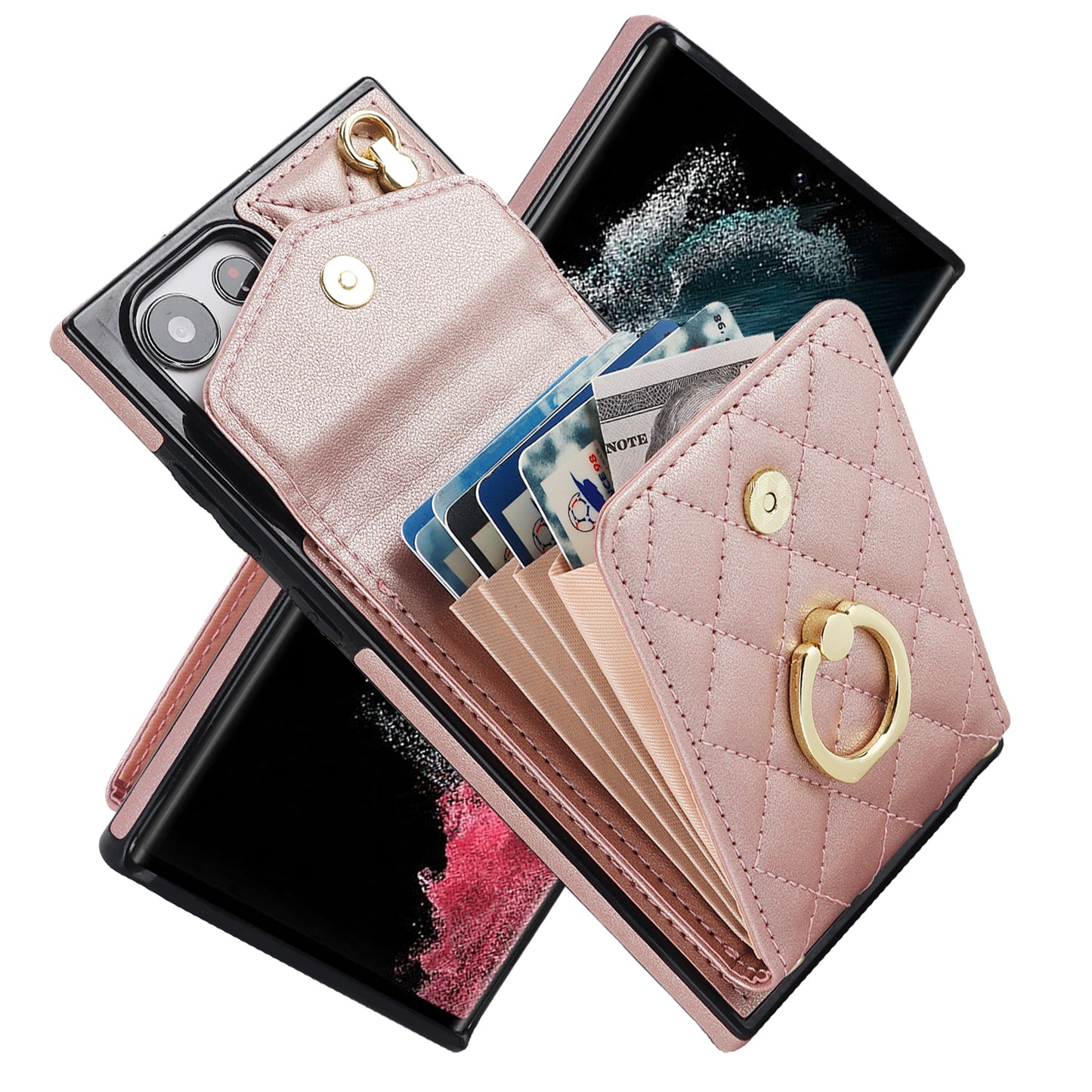 For Samsung Galaxy S24 Ultra Case Ring Kickstand Card Holder Leather+TPU Cover with 2 Straps - Rose Gold