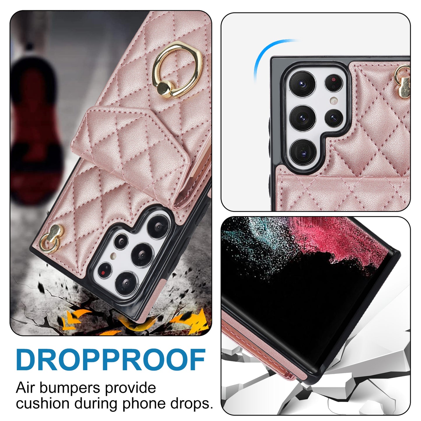 For Samsung Galaxy S24 Ultra Case Ring Kickstand Card Holder Leather+TPU Cover with 2 Straps - Rose Gold