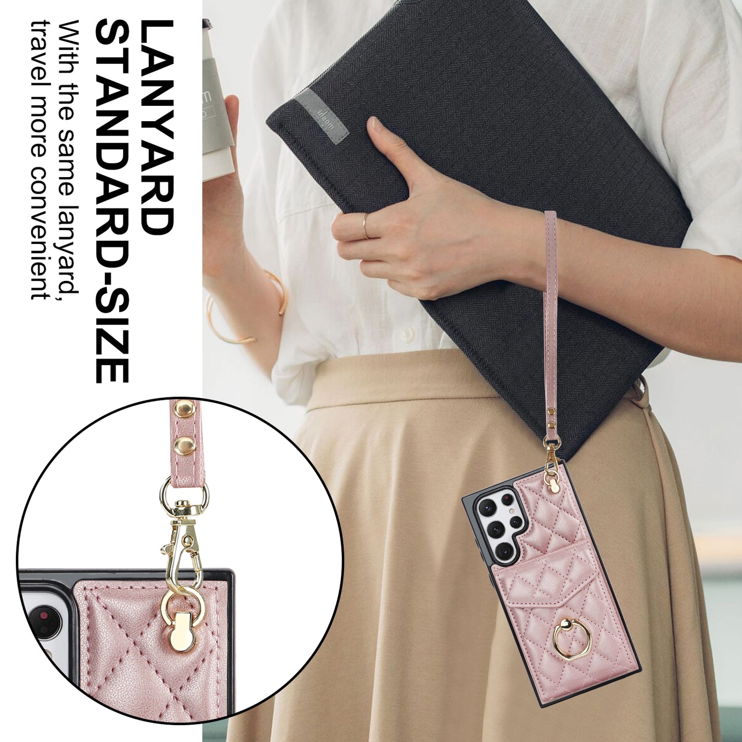 For Samsung Galaxy S24 Ultra Case Ring Kickstand Card Holder Leather+TPU Cover with 2 Straps - Rose Gold