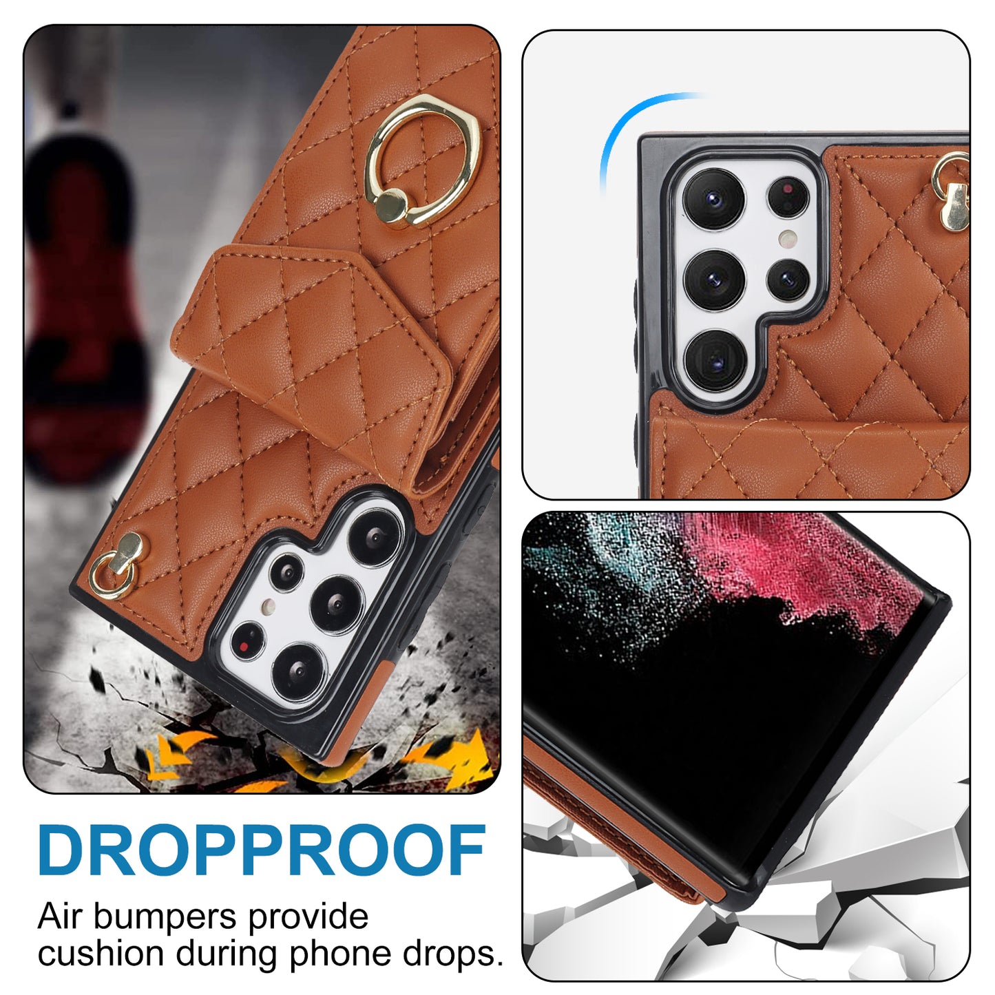 For Samsung Galaxy S24 Ultra Case Ring Kickstand Card Holder Leather+TPU Cover with 2 Straps - Brown