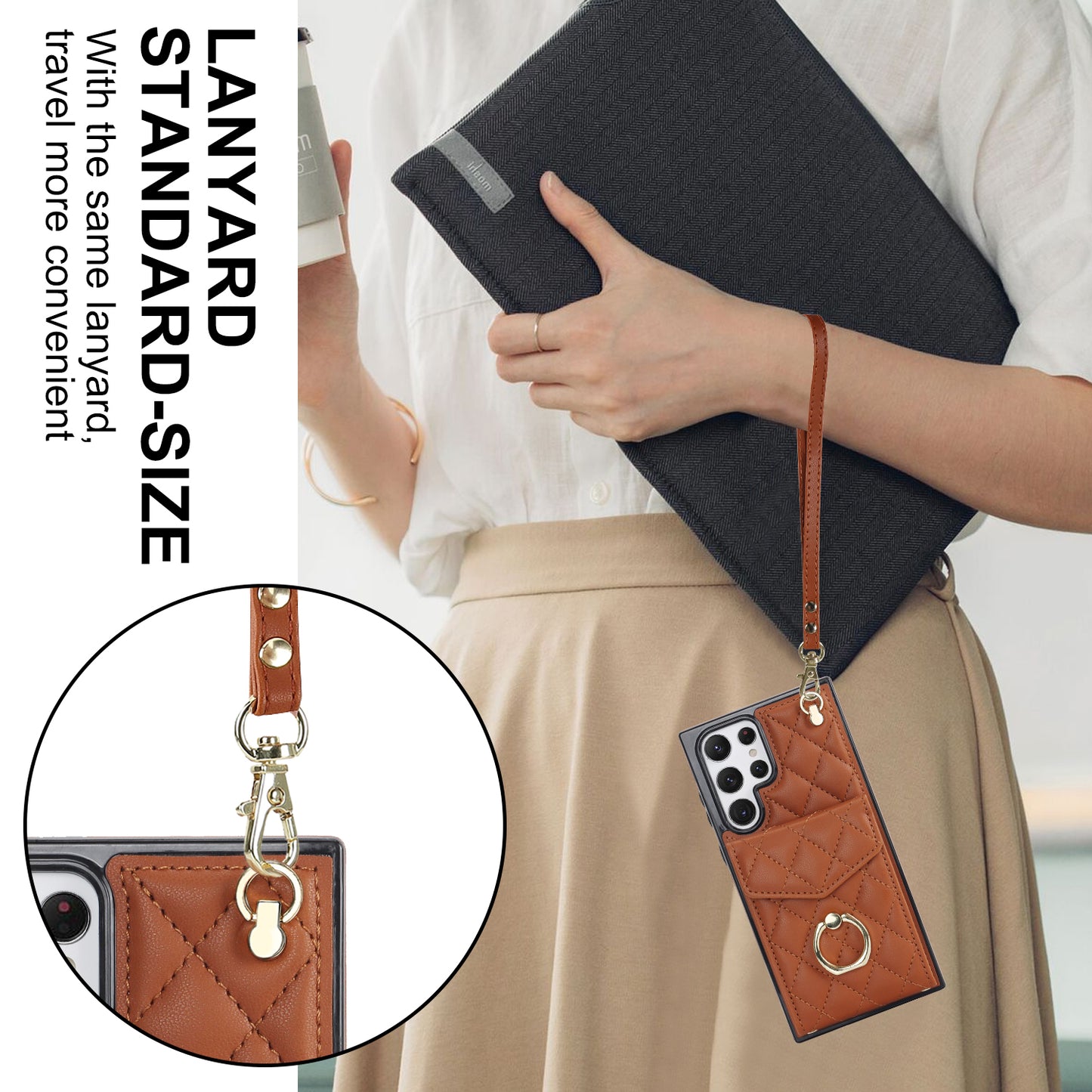For Samsung Galaxy S24 Ultra Case Ring Kickstand Card Holder Leather+TPU Cover with 2 Straps - Brown