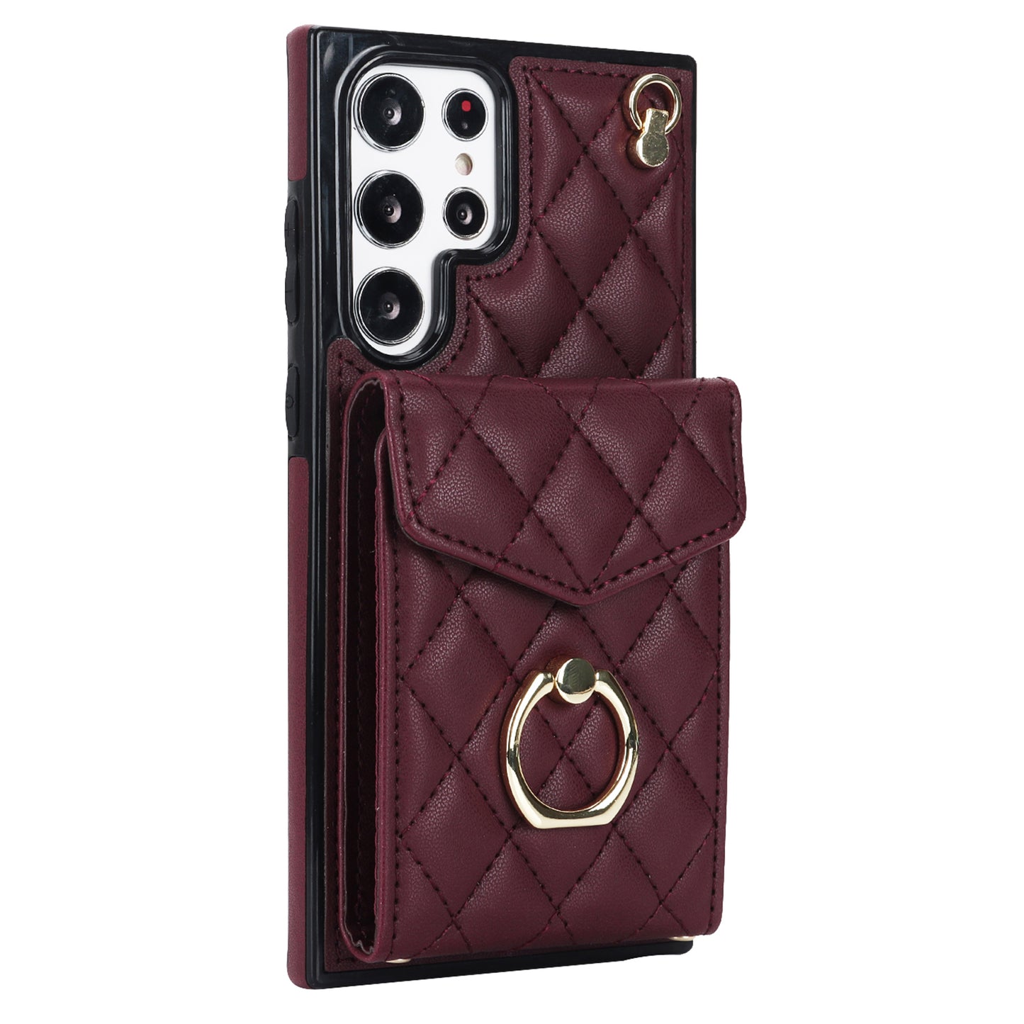 For Samsung Galaxy S24 Ultra Case Ring Kickstand Card Holder Leather+TPU Cover with 2 Straps - Wine Red
