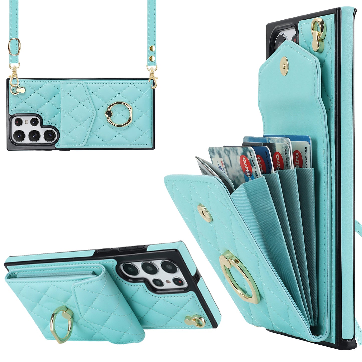 For Samsung Galaxy S24 Ultra Case Ring Kickstand Card Holder Leather+TPU Cover with 2 Straps - Mint Green