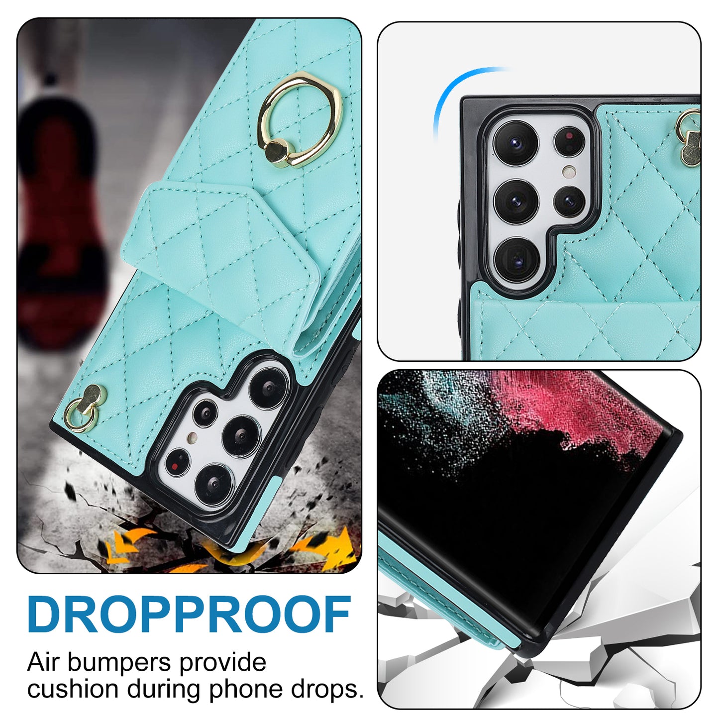 For Samsung Galaxy S24 Ultra Case Ring Kickstand Card Holder Leather+TPU Cover with 2 Straps - Mint Green