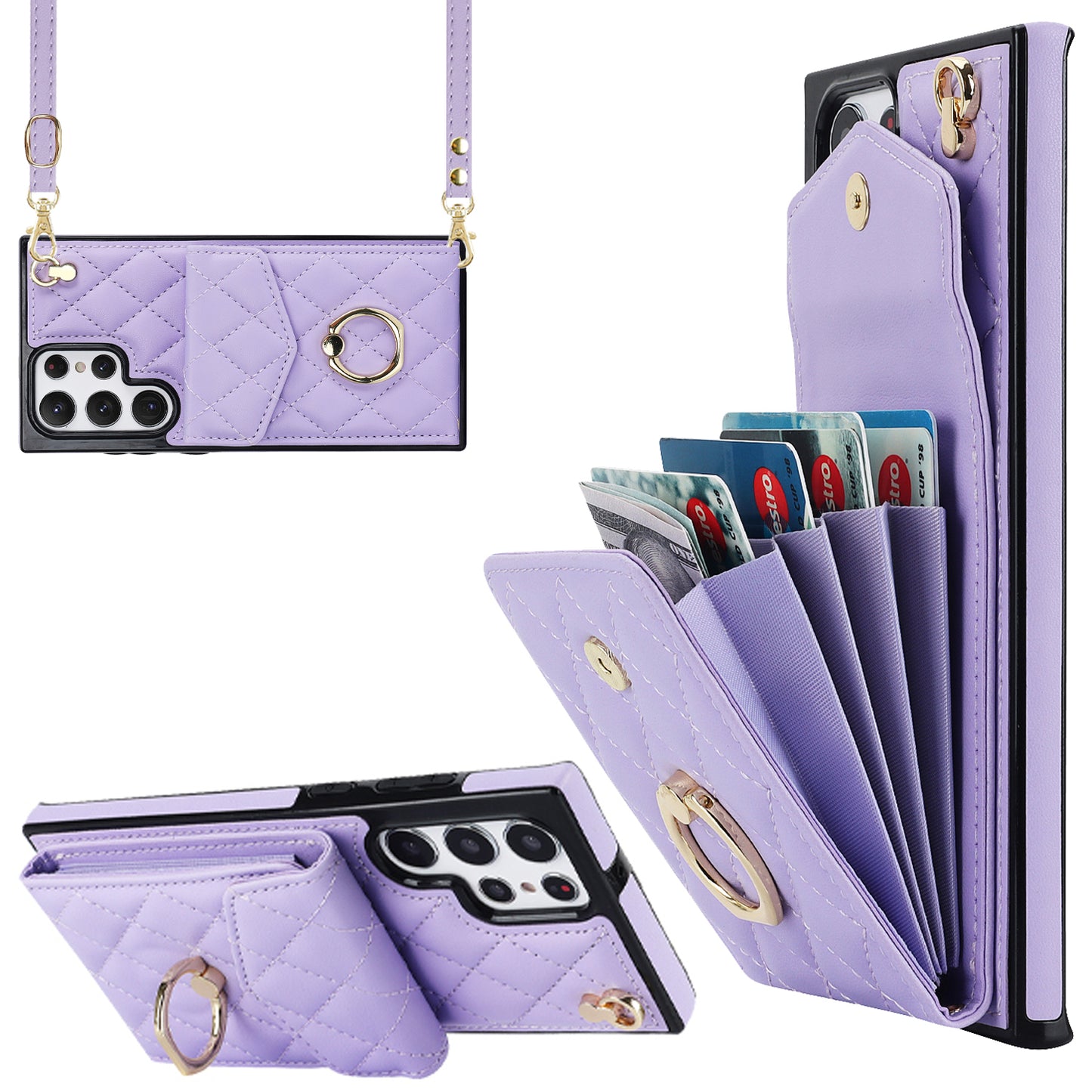 For Samsung Galaxy S24 Ultra Case Ring Kickstand Card Holder Leather+TPU Cover with 2 Straps - Purple