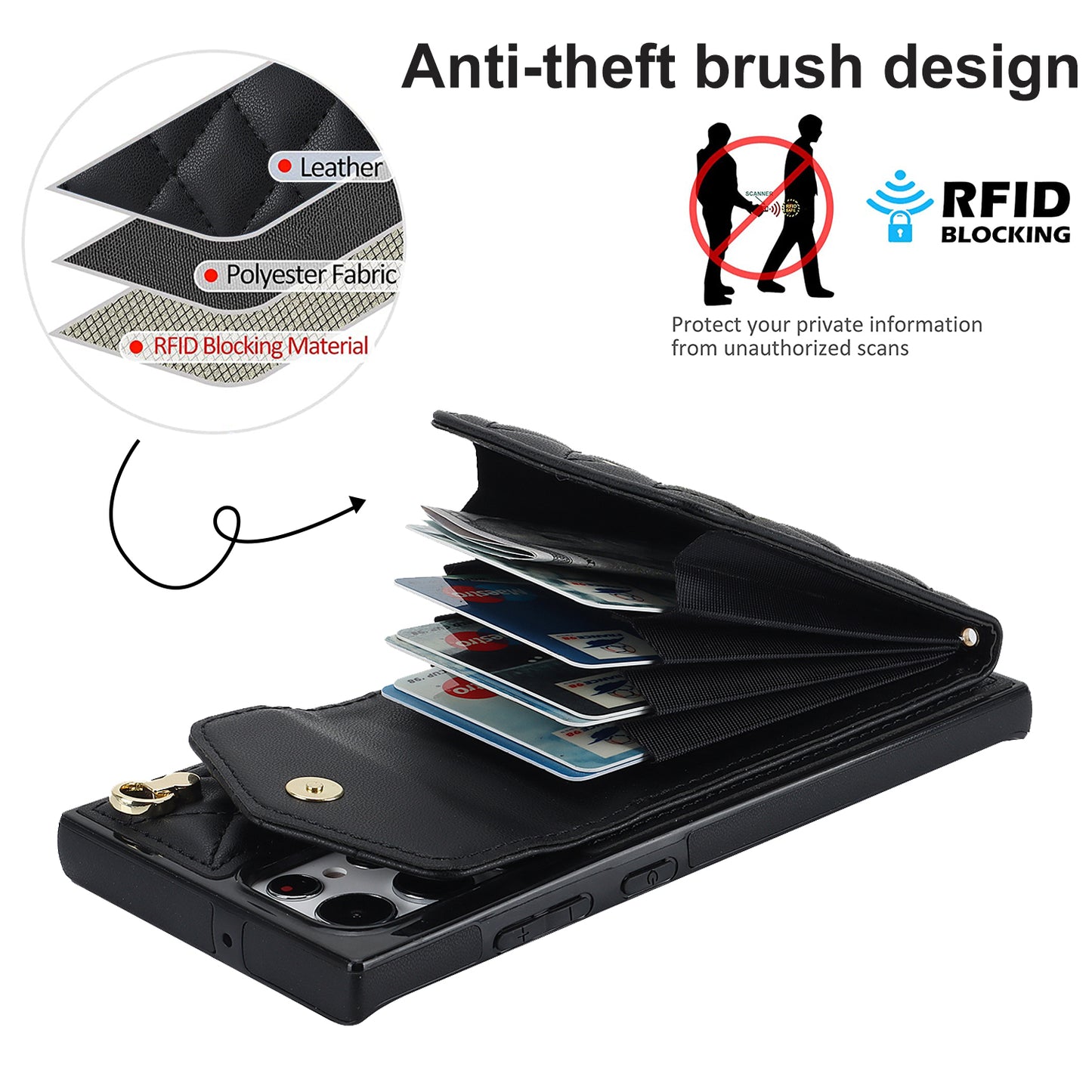 For Samsung Galaxy S24 Ultra Case Ring Kickstand Card Holder Leather+TPU Cover with 2 Straps - Black