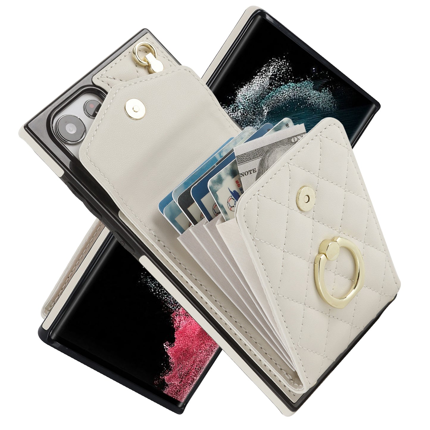 For Samsung Galaxy S24 Ultra Case Ring Kickstand Card Holder Leather+TPU Cover with 2 Straps - Beige