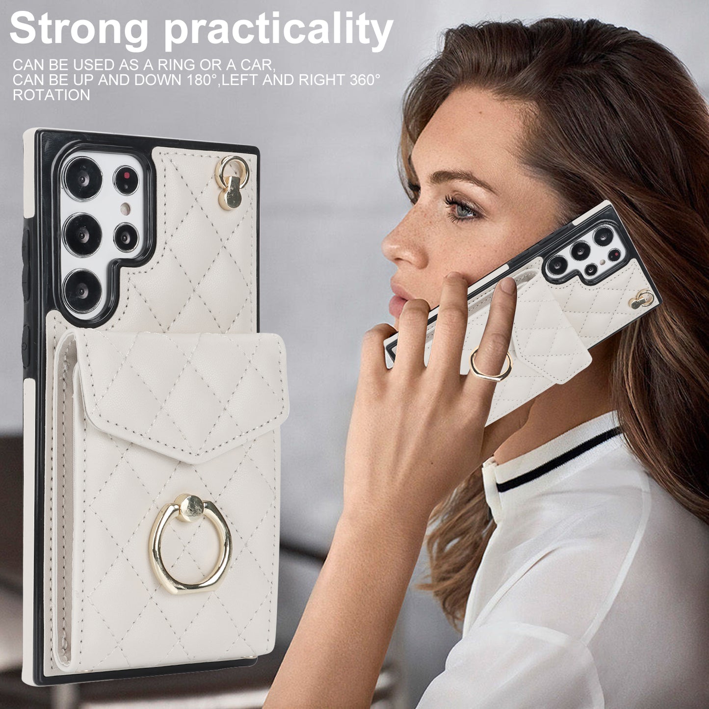 For Samsung Galaxy S24 Ultra Case Ring Kickstand Card Holder Leather+TPU Cover with 2 Straps - Beige