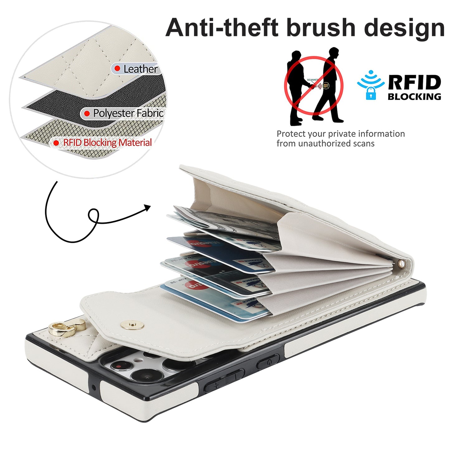 For Samsung Galaxy S24 Ultra Case Ring Kickstand Card Holder Leather+TPU Cover with 2 Straps - Beige