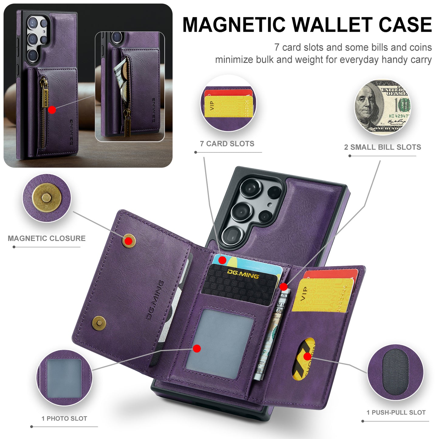DG.MING M5 Series For Samsung Galaxy S24 Leather Phone Case Magnetic Detachable Wallet Cover - Purple