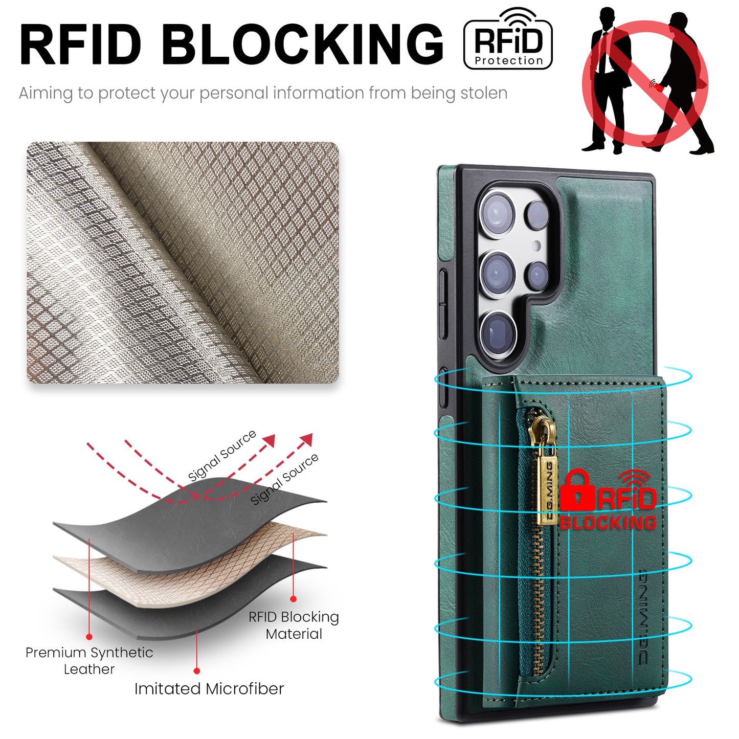 DG.MING M5 Series For Samsung Galaxy S24 Leather Phone Case Magnetic Detachable Wallet Cover - Green