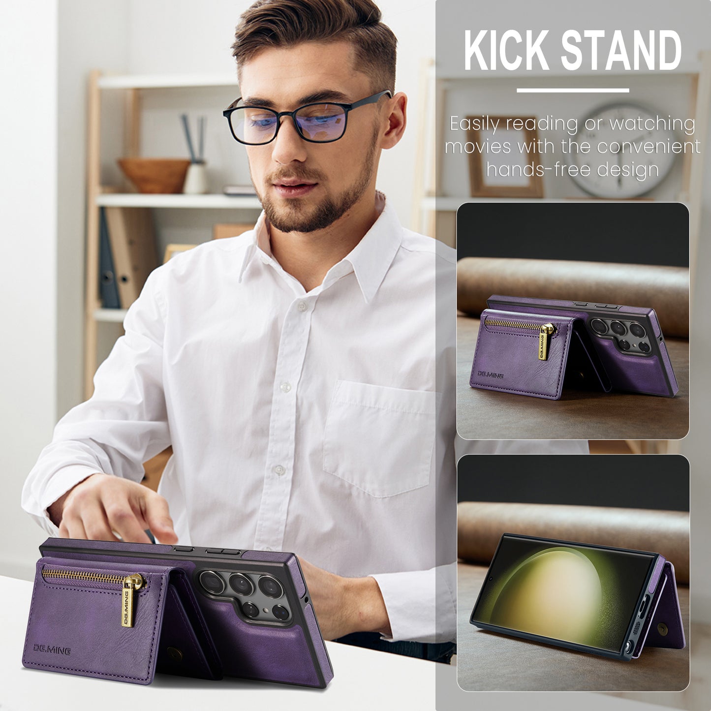 DG.MING M5 Series For Samsung Galaxy S24+ Wallet Case 2-in-1 Detachable Leather Phone Cover - Purple