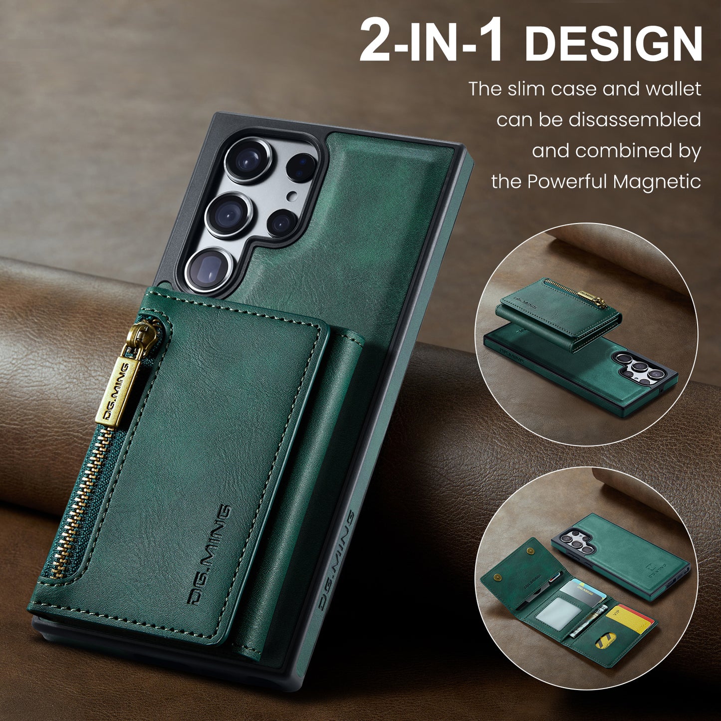 DG.MING M5 Series For Samsung Galaxy S24+ Wallet Case 2-in-1 Detachable Leather Phone Cover - Green