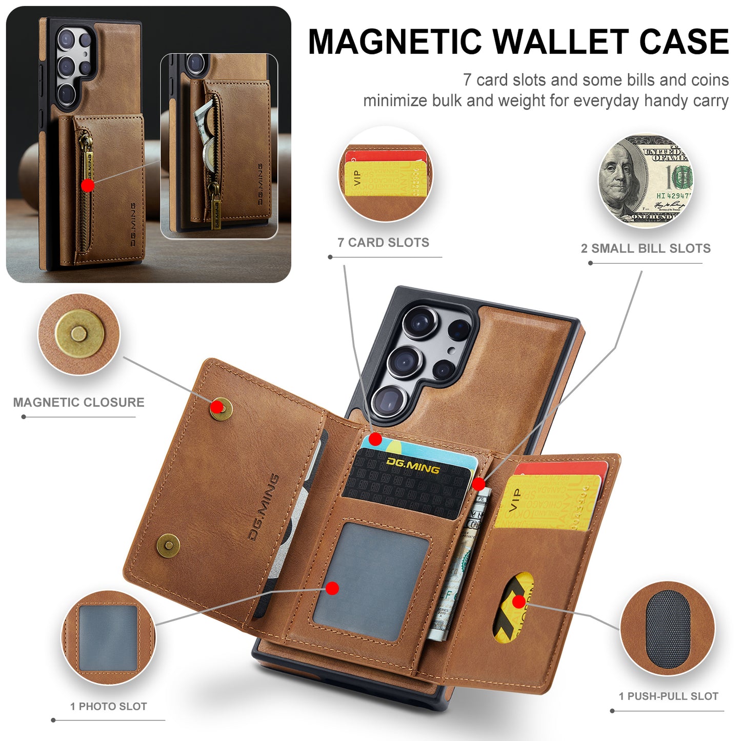 DG.MING M5 Series For Samsung Galaxy S24 Ultra Case Kickstand Leather Phone Back Cover - Brown
