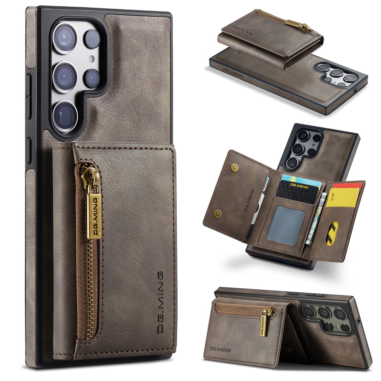 DG.MING M5 Series For Samsung Galaxy S24 Ultra Case Kickstand Leather Phone Back Cover - Coffee