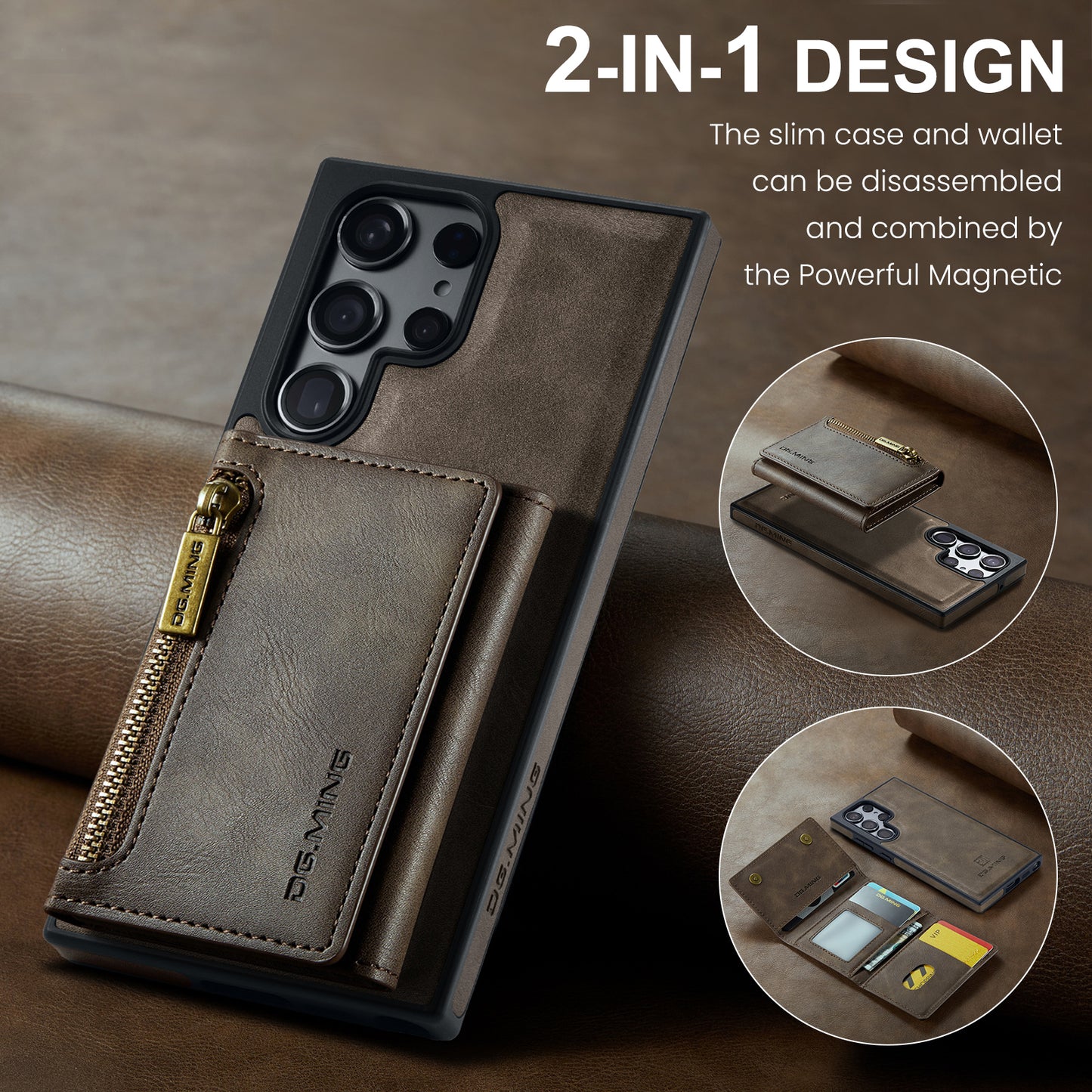 DG.MING M5 Series For Samsung Galaxy S24 Ultra Case Kickstand Leather Phone Back Cover - Coffee