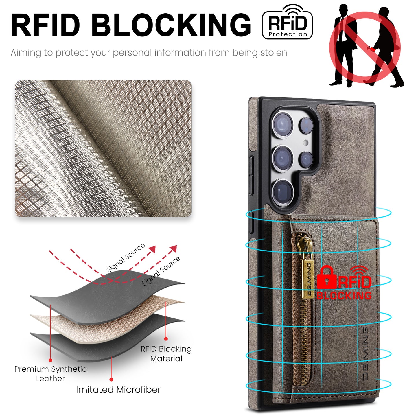 DG.MING M5 Series For Samsung Galaxy S24 Ultra Case Kickstand Leather Phone Back Cover - Coffee