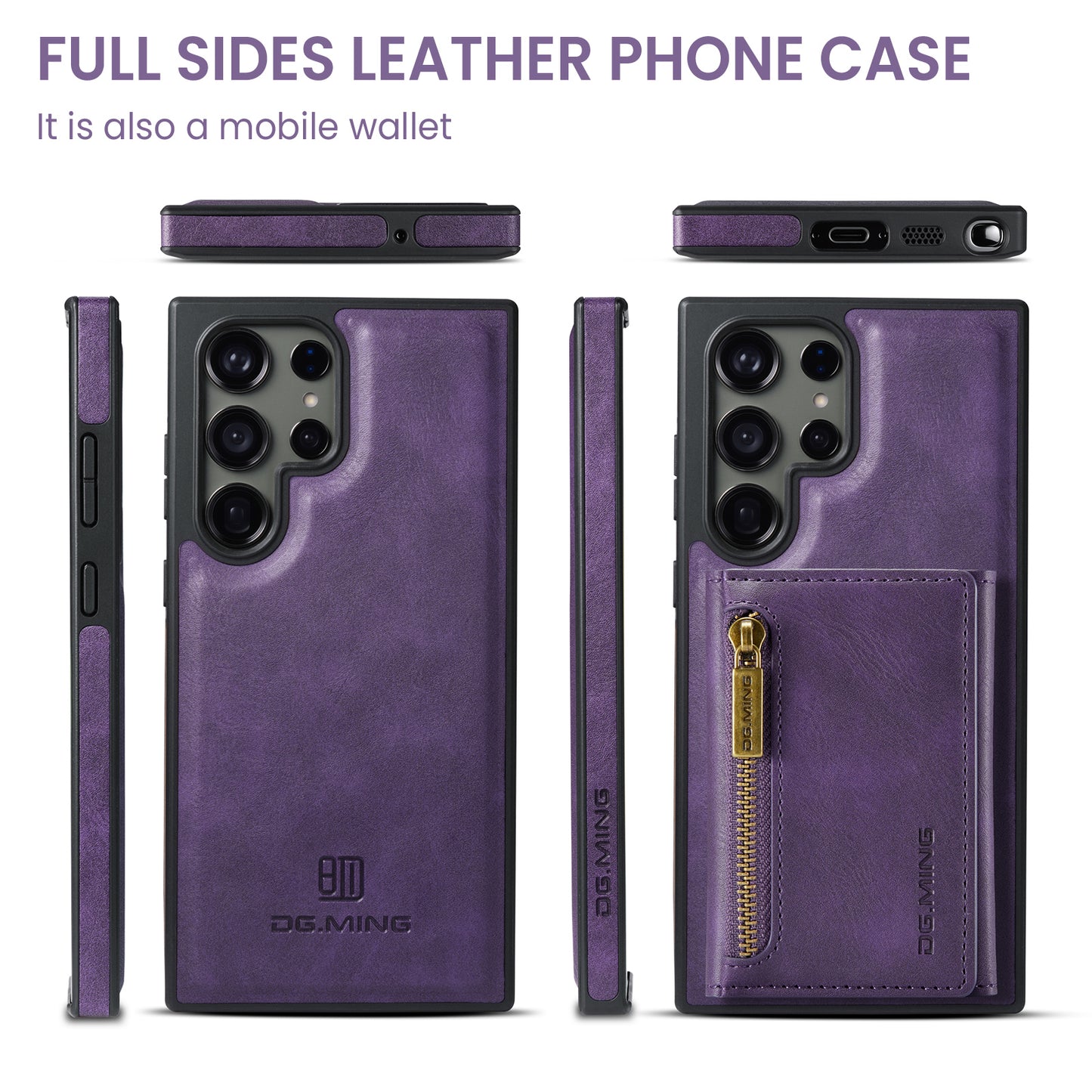 DG.MING M5 Series For Samsung Galaxy S24 Ultra Case Kickstand Leather Phone Back Cover - Purple