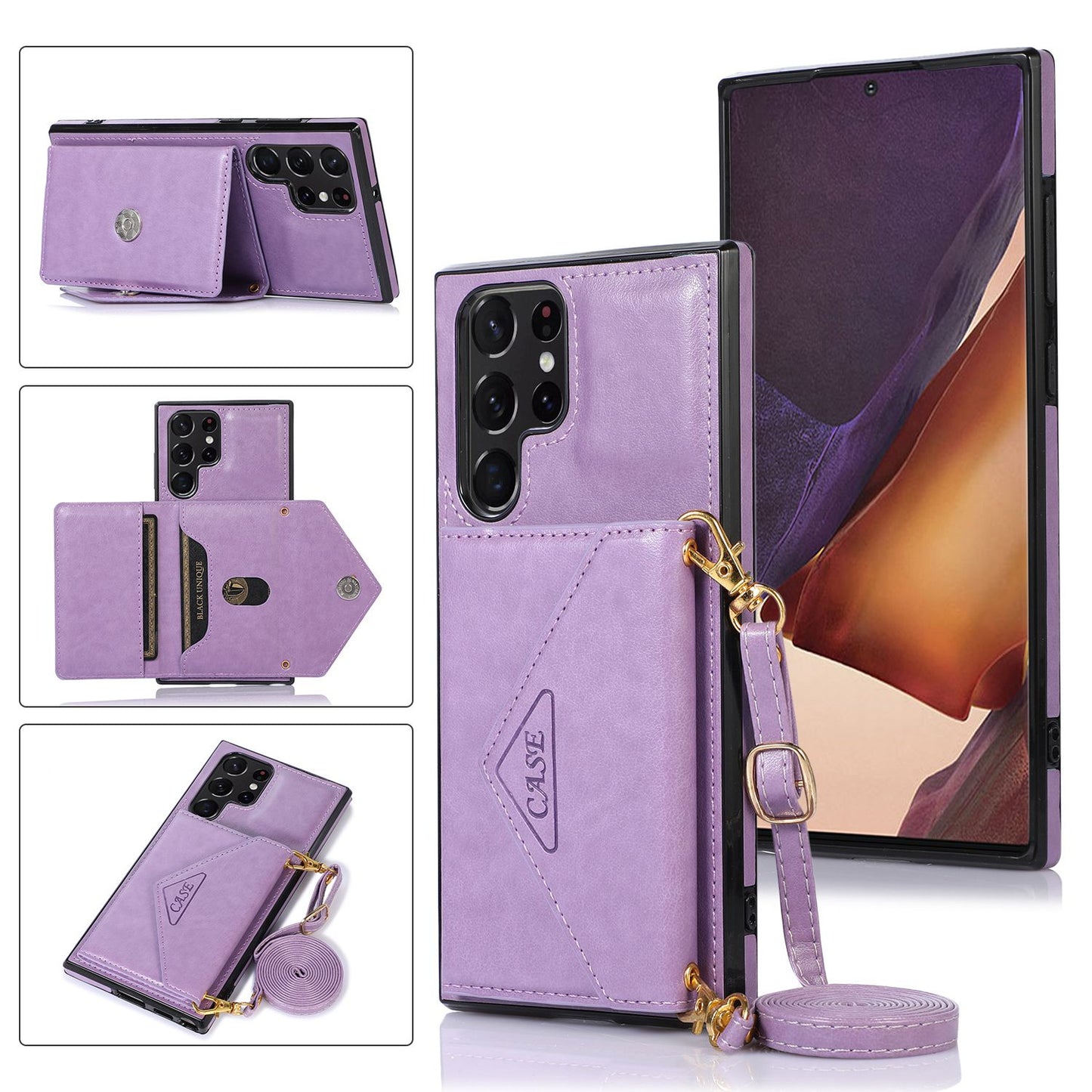 For Samsung Galaxy S24 Ultra Case Card Holder Kickstand Leather+TPU Crossbody Cover - Purple