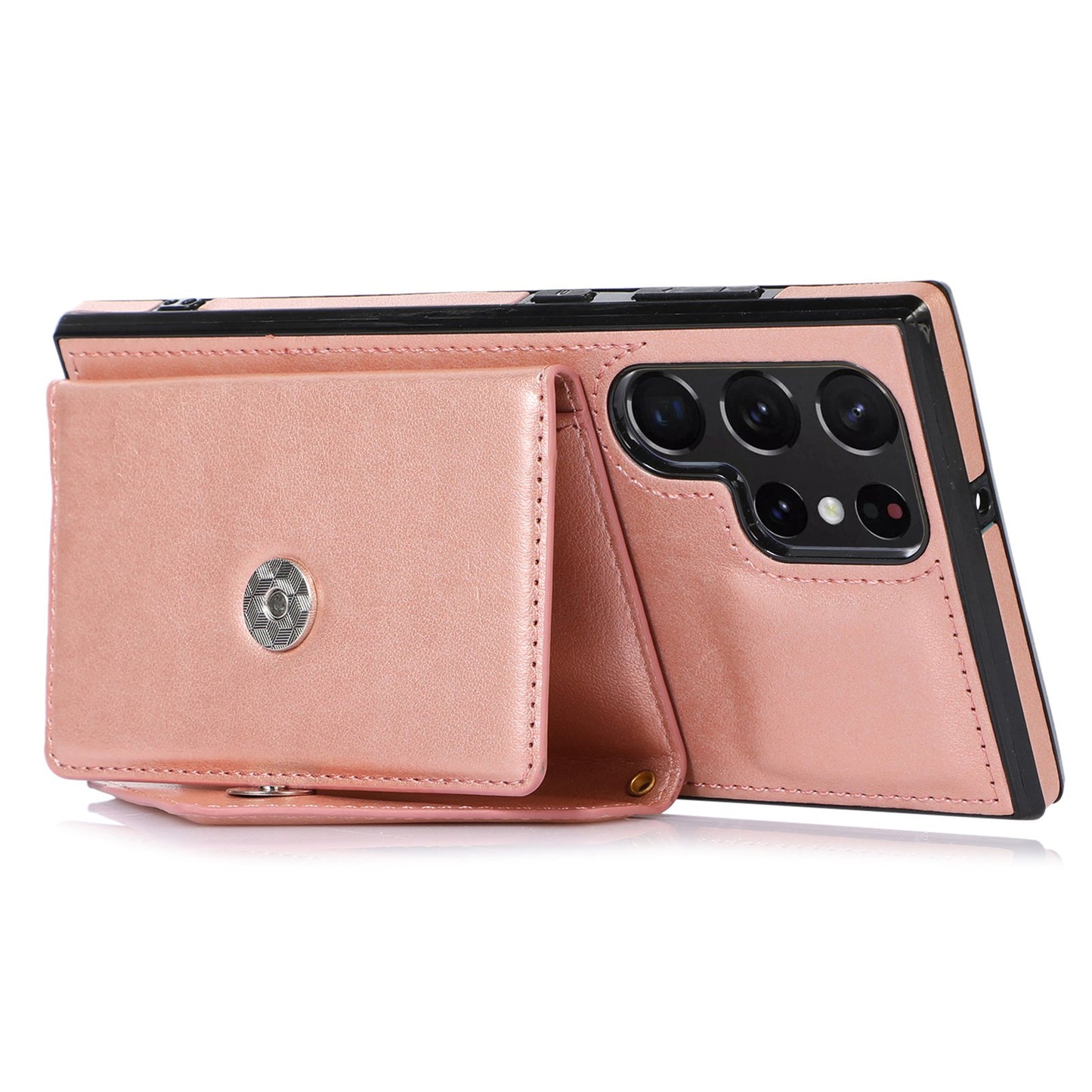 For Samsung Galaxy S24 Ultra Case Card Holder Kickstand Leather+TPU Crossbody Cover - Rose Gold