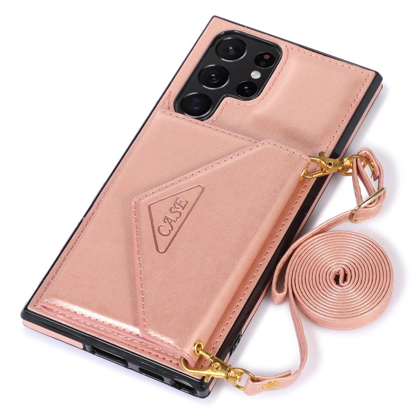 For Samsung Galaxy S24 Ultra Case Card Holder Kickstand Leather+TPU Crossbody Cover - Rose Gold