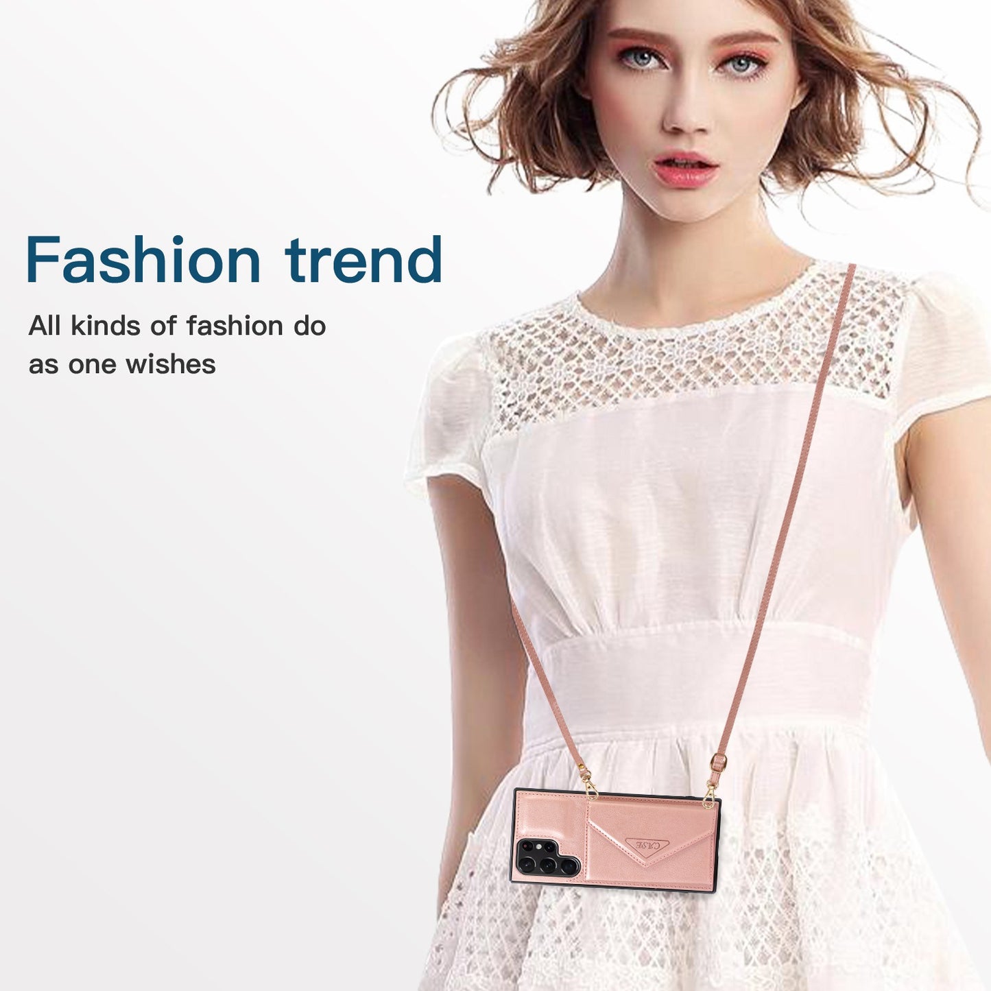 For Samsung Galaxy S24 Ultra Case Card Holder Kickstand Leather+TPU Crossbody Cover - Rose Gold