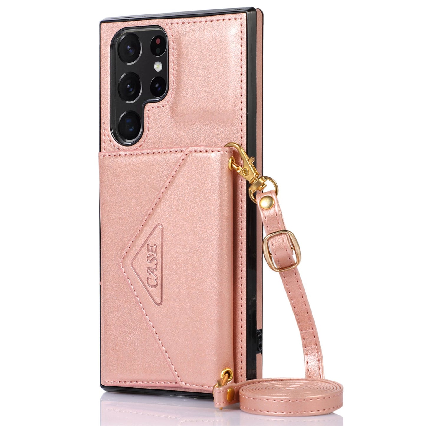 For Samsung Galaxy S24 Ultra Case Card Holder Kickstand Leather+TPU Crossbody Cover - Rose Gold
