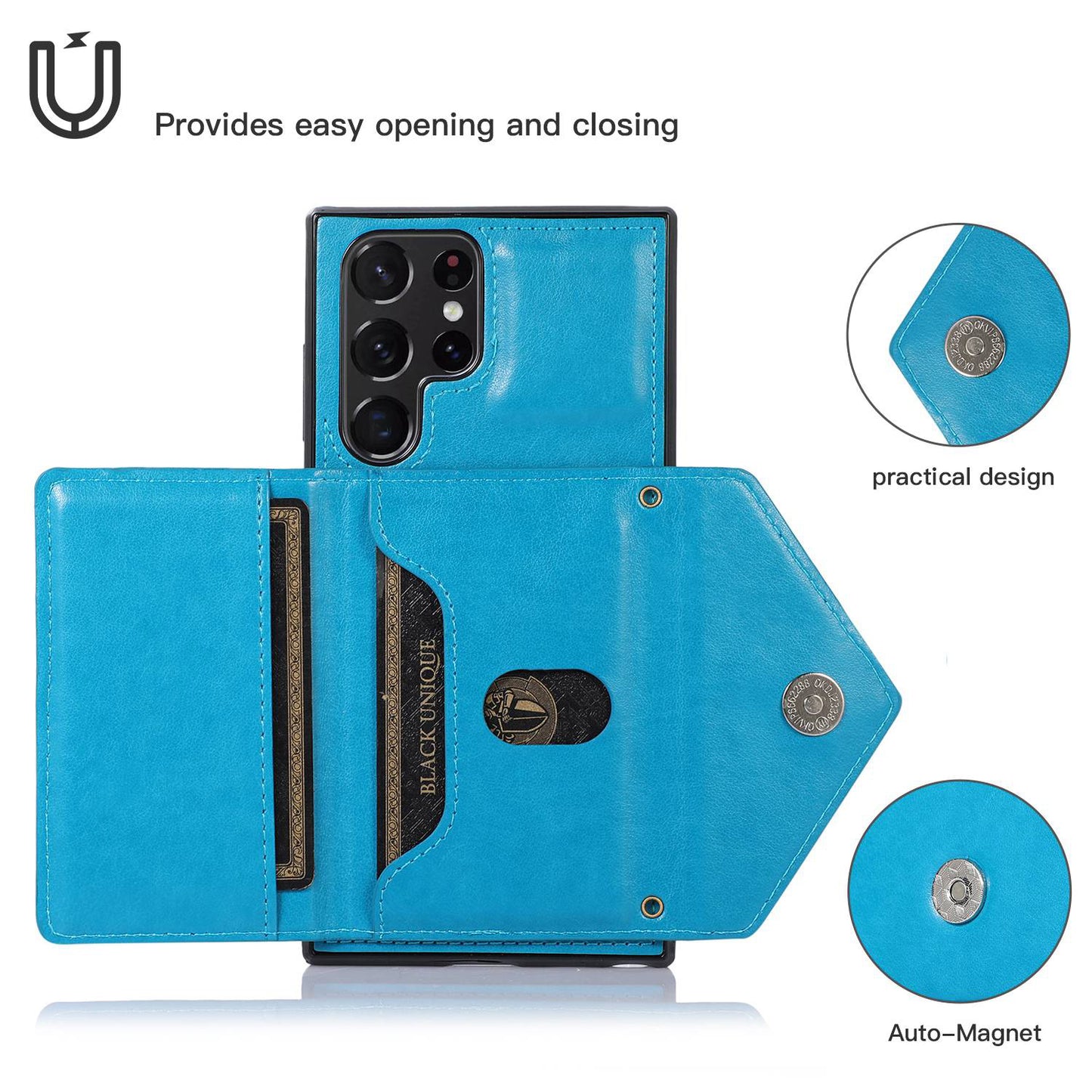 For Samsung Galaxy S24 Ultra Case Card Holder Kickstand Leather+TPU Crossbody Cover - Blue