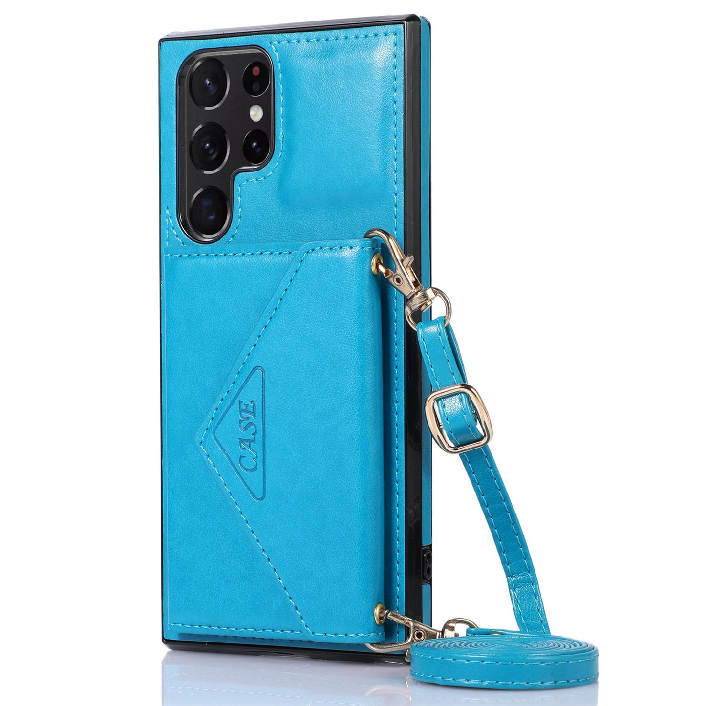 For Samsung Galaxy S24 Ultra Case Card Holder Kickstand Leather+TPU Crossbody Cover - Blue