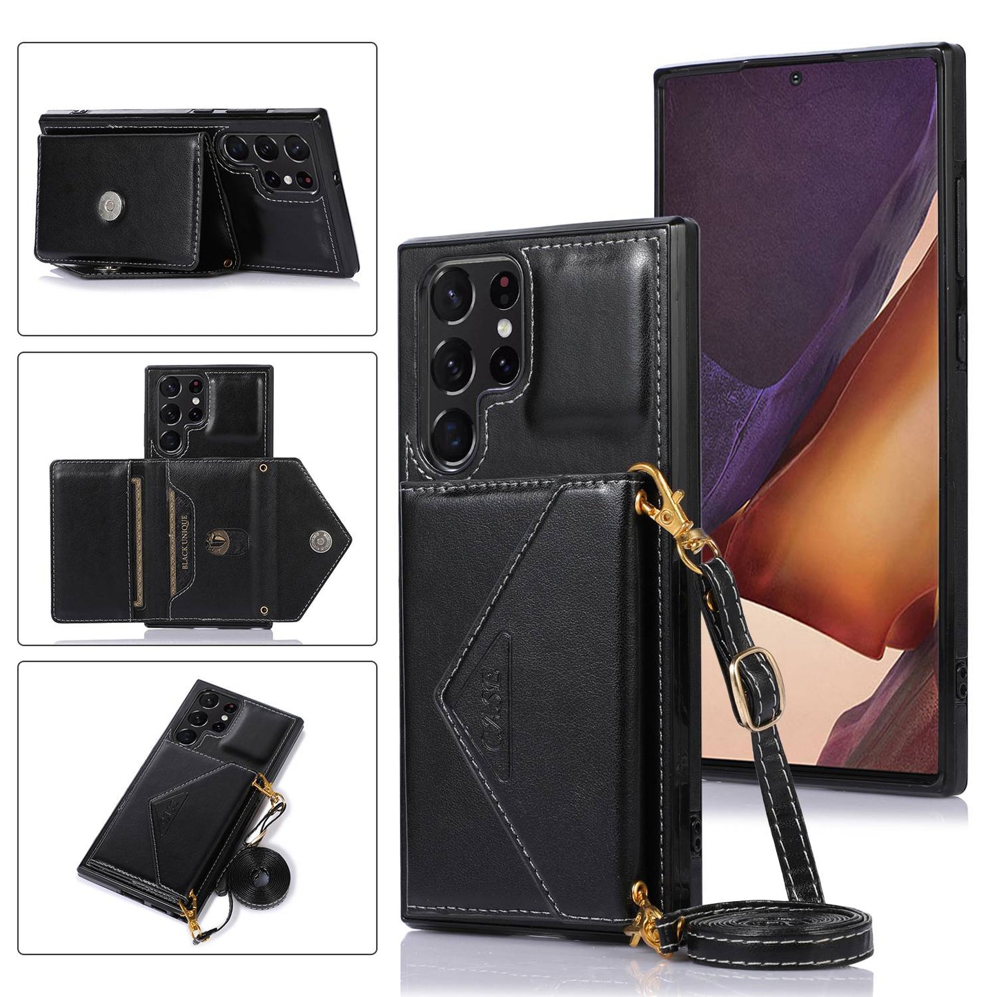 For Samsung Galaxy S24 Ultra Case Card Holder Kickstand Leather+TPU Crossbody Cover - Black
