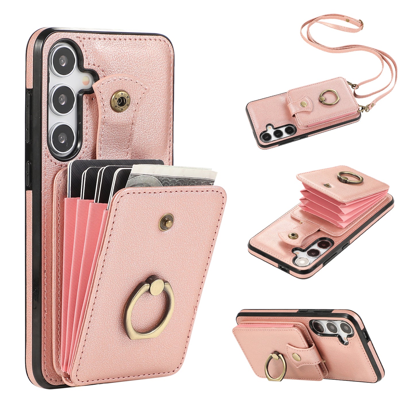 For Samsung Galaxy S24+ Cell Phone Case Card Holder TPU+PU Leather Phone Cover with Kickstand - Rose Gold