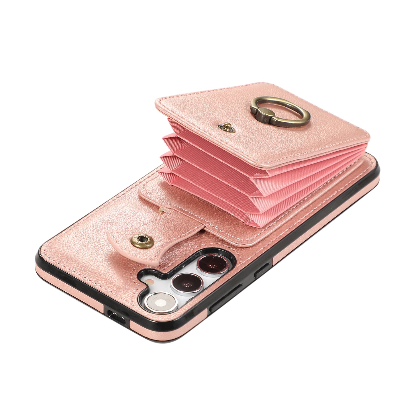 For Samsung Galaxy S24 Dustproof TPU+PU Leather Phone Cover Card Holder Kickstand Mobile Phone Case - Rose Gold