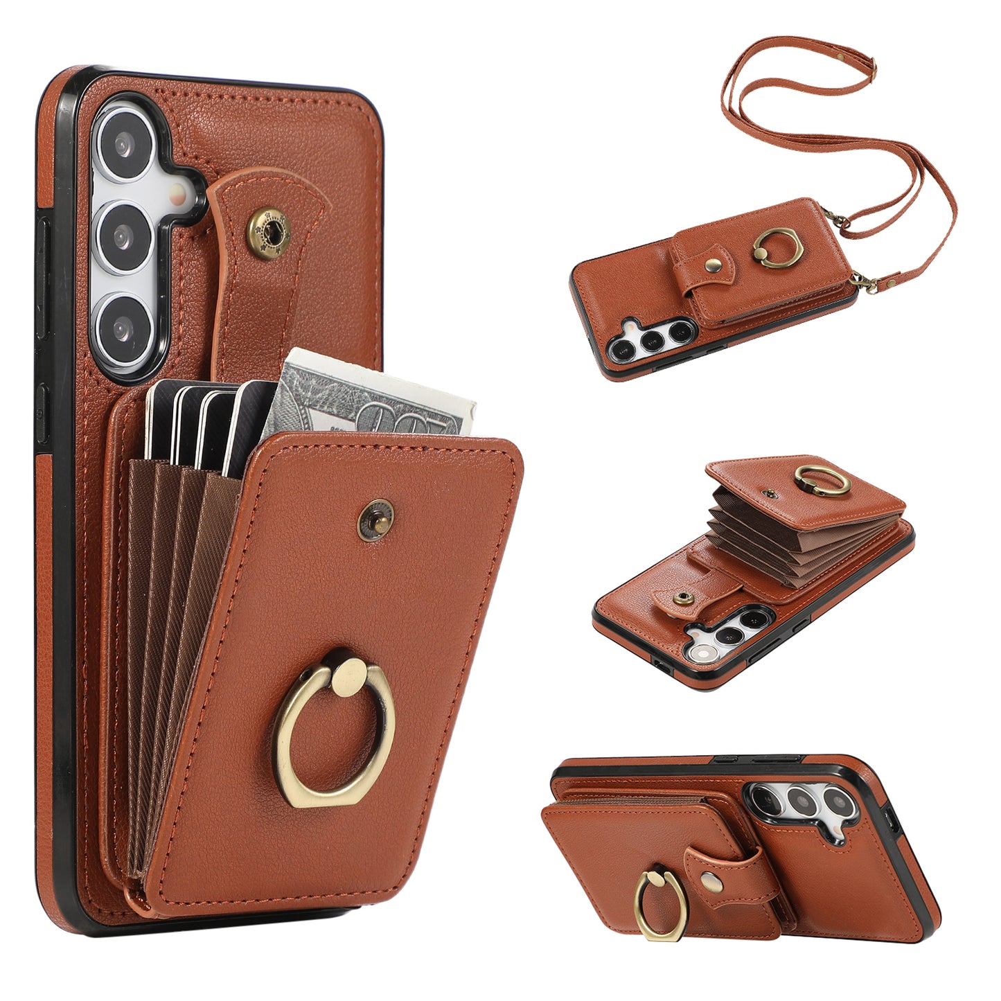 For Samsung Galaxy S24 Dustproof TPU+PU Leather Phone Cover Card Holder Kickstand Mobile Phone Case - Brown